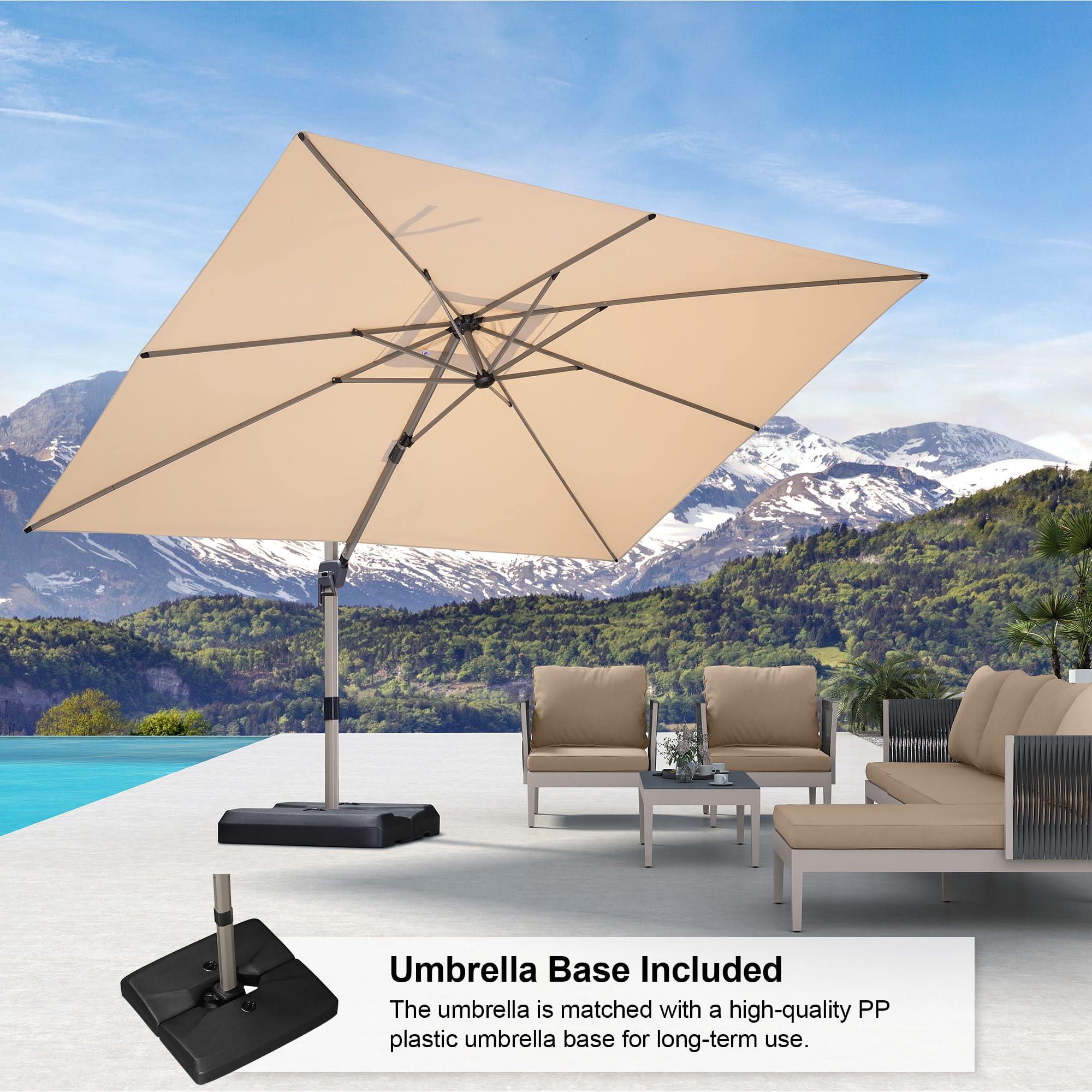 PURPLE LEAF Patio Umbrella with Base 9' x 11' High Quality Stucture Beige
