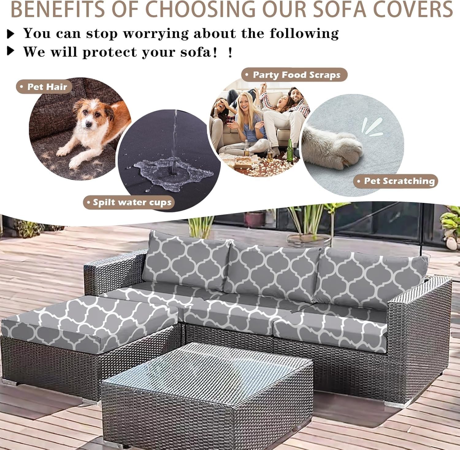 2/3 Pcs Waterproof Outdoor Cushion Covers Stretch Elastic Patio Furniture Cushion Slipcovers Machine Washable Replacement Covers for Chair Sofa Loveseat(E,M(3PCS))