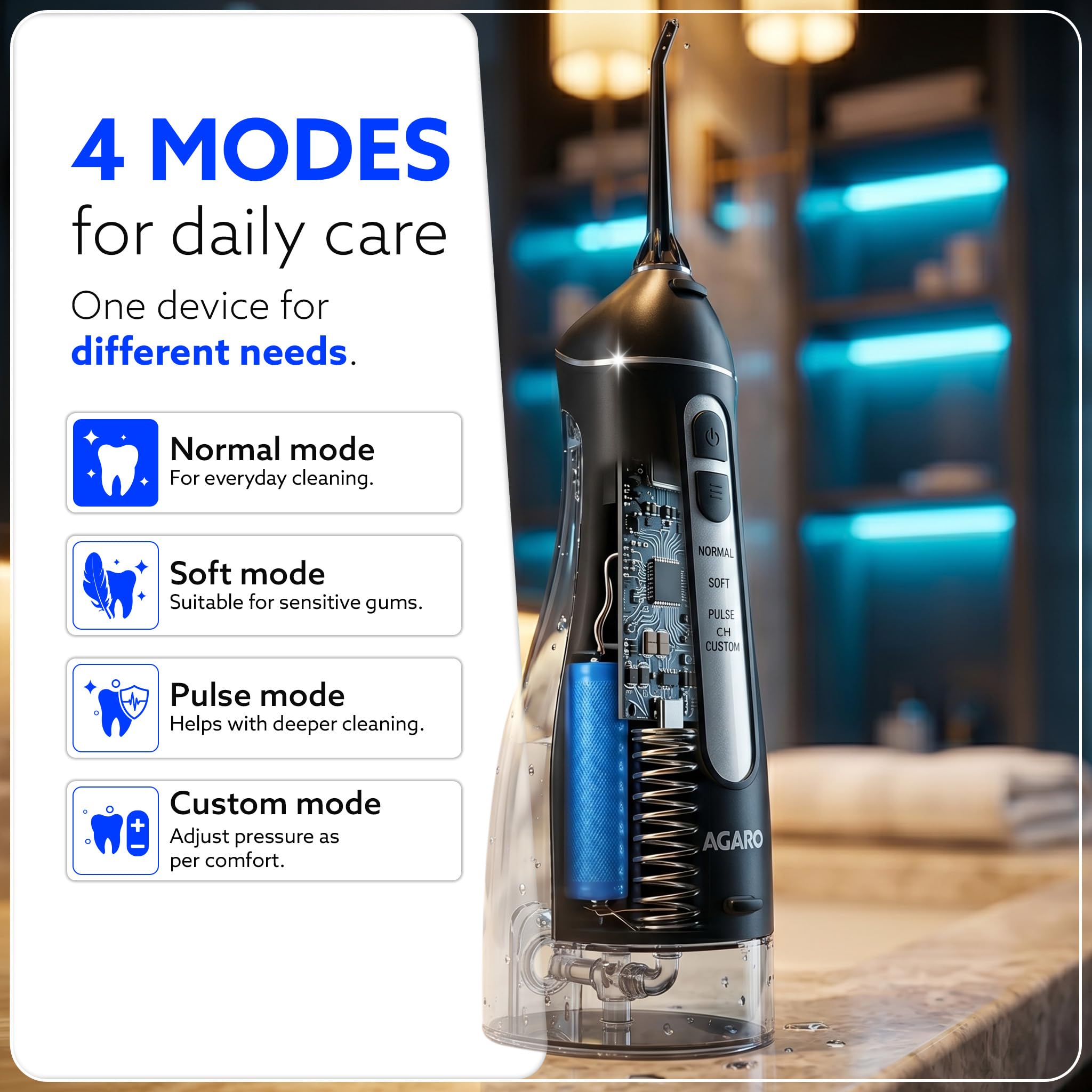 AGARO Ultra Dental Flosser for teeth, 5 Nozzles, Portable,Cordless & Rechargeable,4 Cleaning Modes,IPX7 Waterproof with 300ml Watertank, Flossing at Home & Travel,Oral Flosser,Oral Irrigator 1