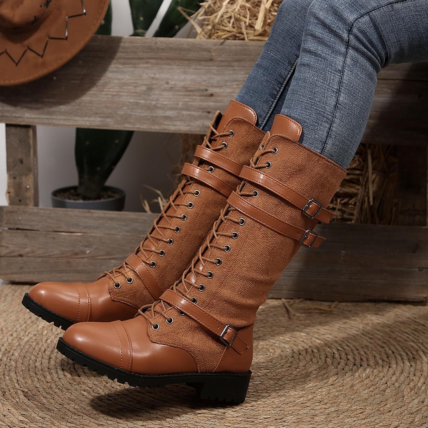 Combat Riding Boot Flats Long Belt Round Toe Chunky Heels Boots Low Heel Leather Fall Winter Vintage Casual Shoes - Image 5