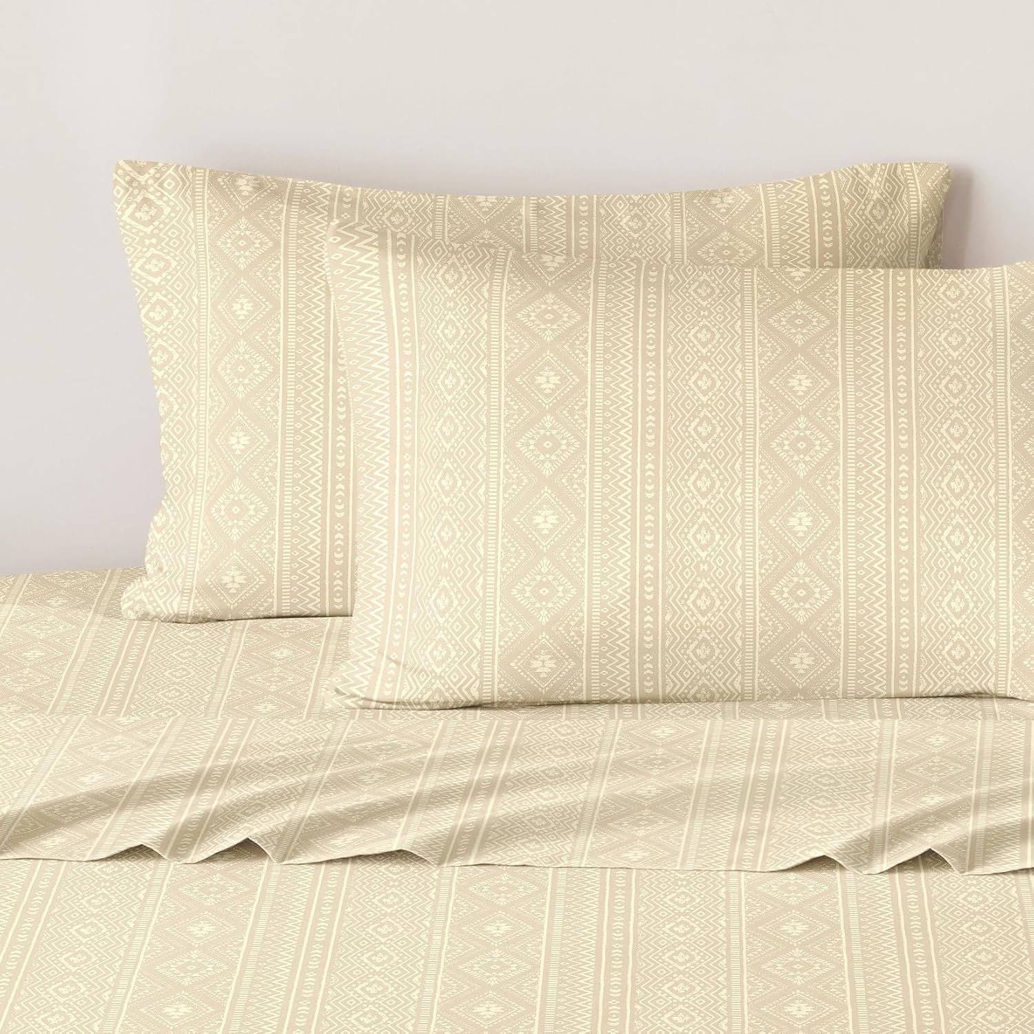 Wake In Cloud - Boho Bed Sheets, 4-Piece Sheet Set, Bohemian Chic Western Farmhouse Vintage Country Aesthetic Pattern Printed Bedding, Deep Pocket, Beige Grey, King Size
