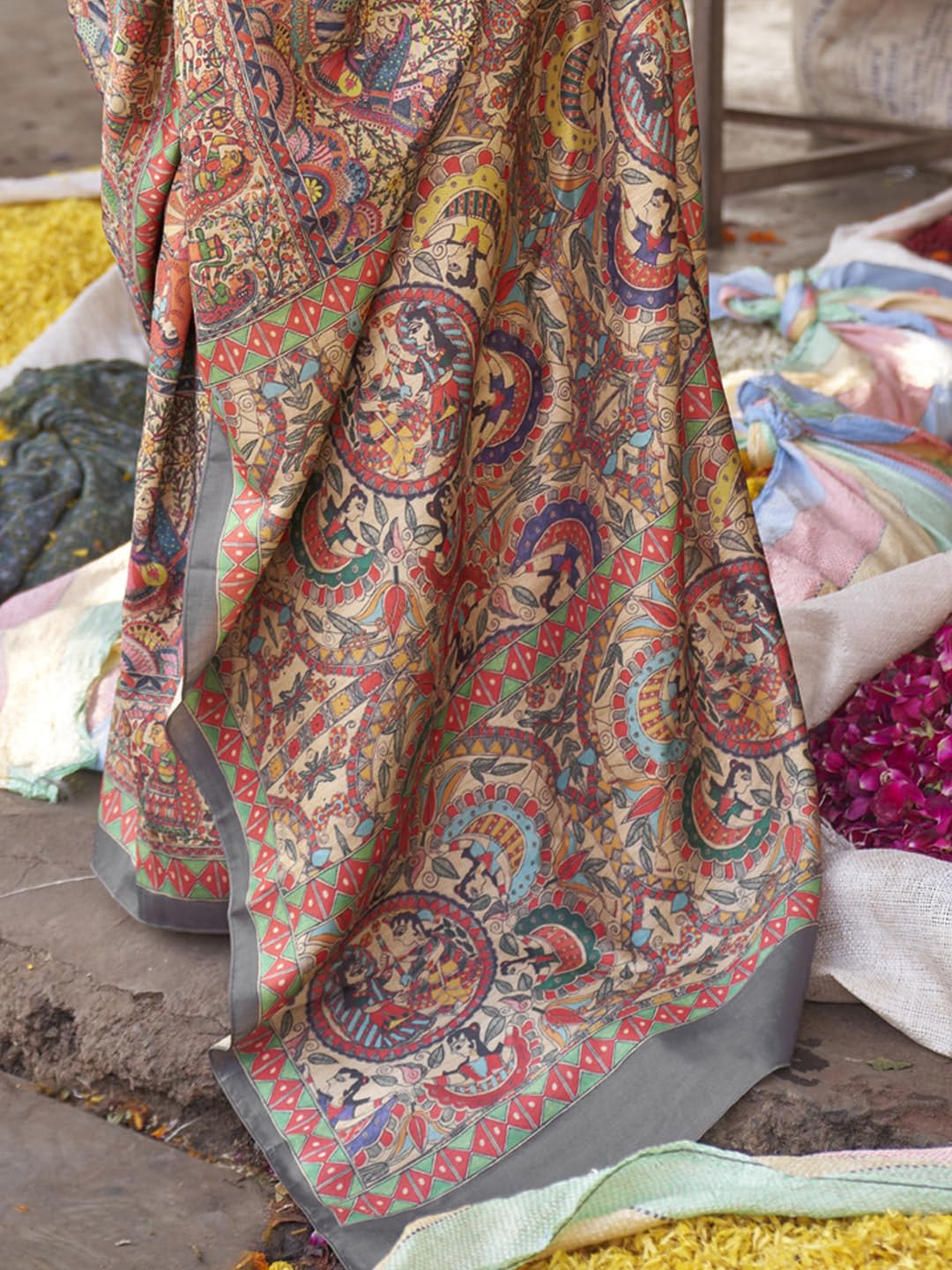 SAREE MALL Women's Banarasi Silk Madhubani Printed Saree With Unstitched Blouse Piece(Beige_PUSHPMNDI103_RS) 4