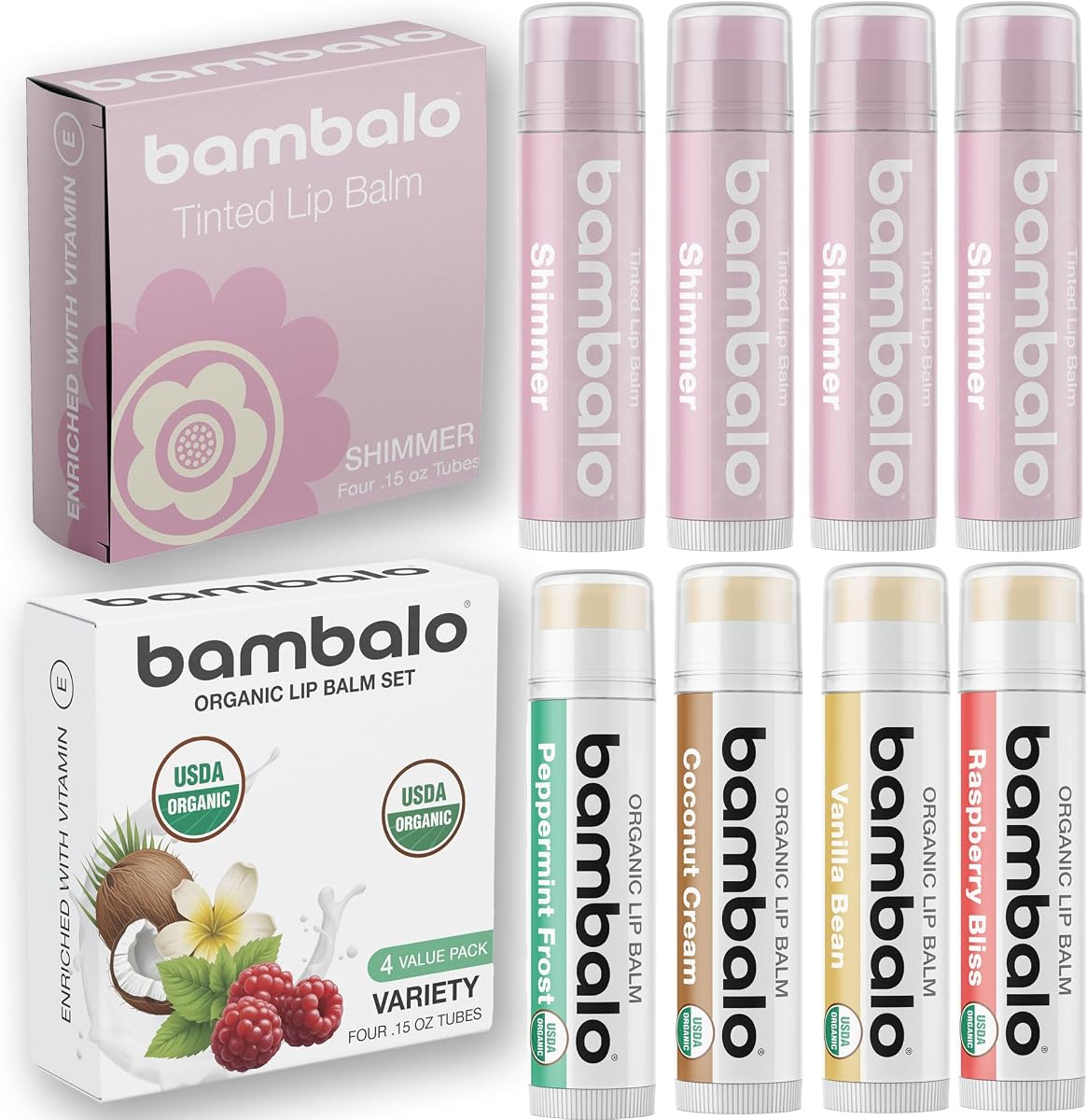 Cliganic Organic Lip Balm Set, SPF 15, Peppermint & Vanilla, 5 Pack