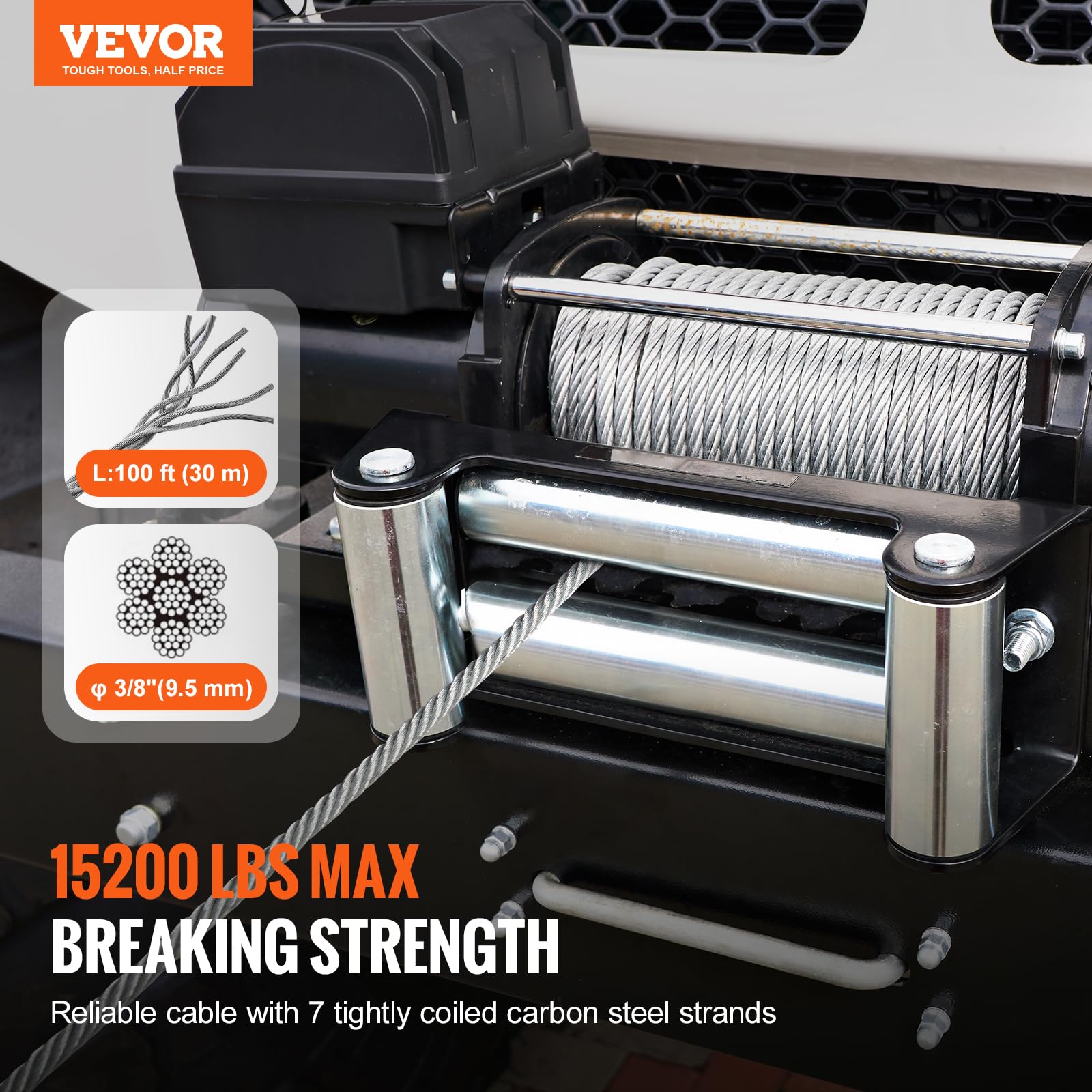 VEVOR Corda Verricello in Metallo 9,5mm x 30,5m Cavo in Acciaio Zincato 67,6 kN con Gancio Girevole per Verricello Forgiato Cinghia di Trazione SUV Fuoristrada Camion, Cavo per Verricello Fuoristrada