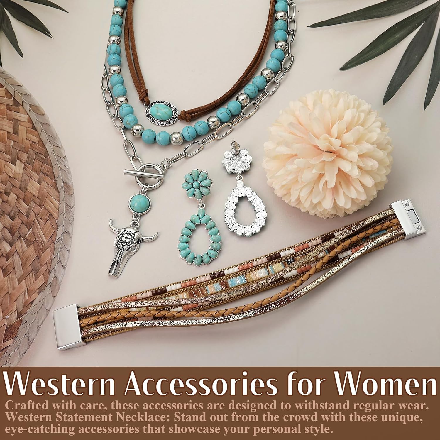 RechicGu Western Jewelry For Women Bohemian Turquoise Dangle Earrings Necklace Bracelet Set, Bullhead Pendant Layered Choker Boho Faux Leather Wristband Country Concert Cowgirl Accessories