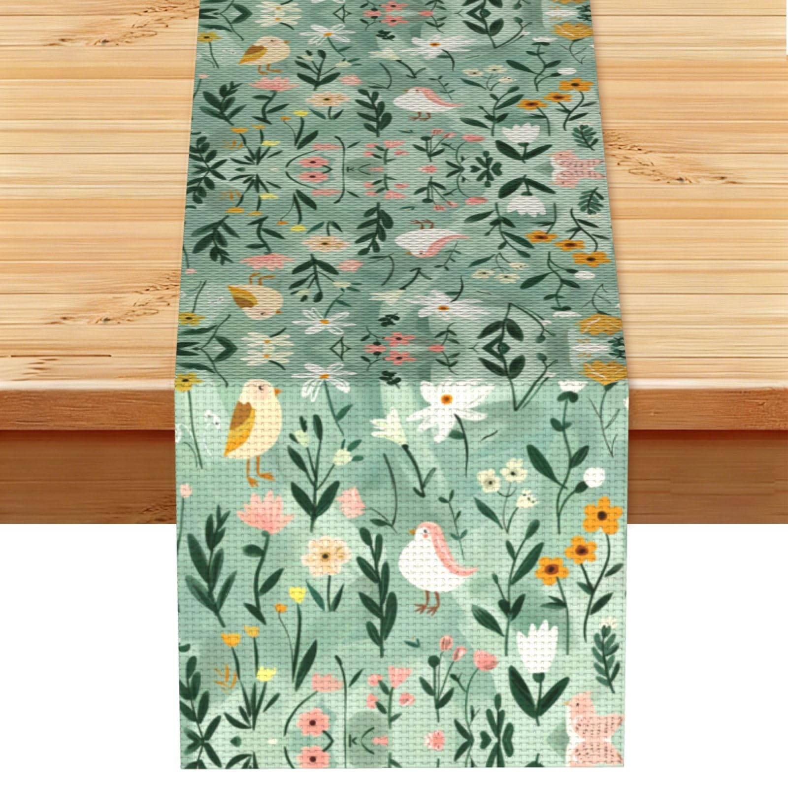 Charming green Bird Garden Printed Table Runner 13 x 72, Wrinkle Resistant Decor for Dining Table Coffee Table Fireplace