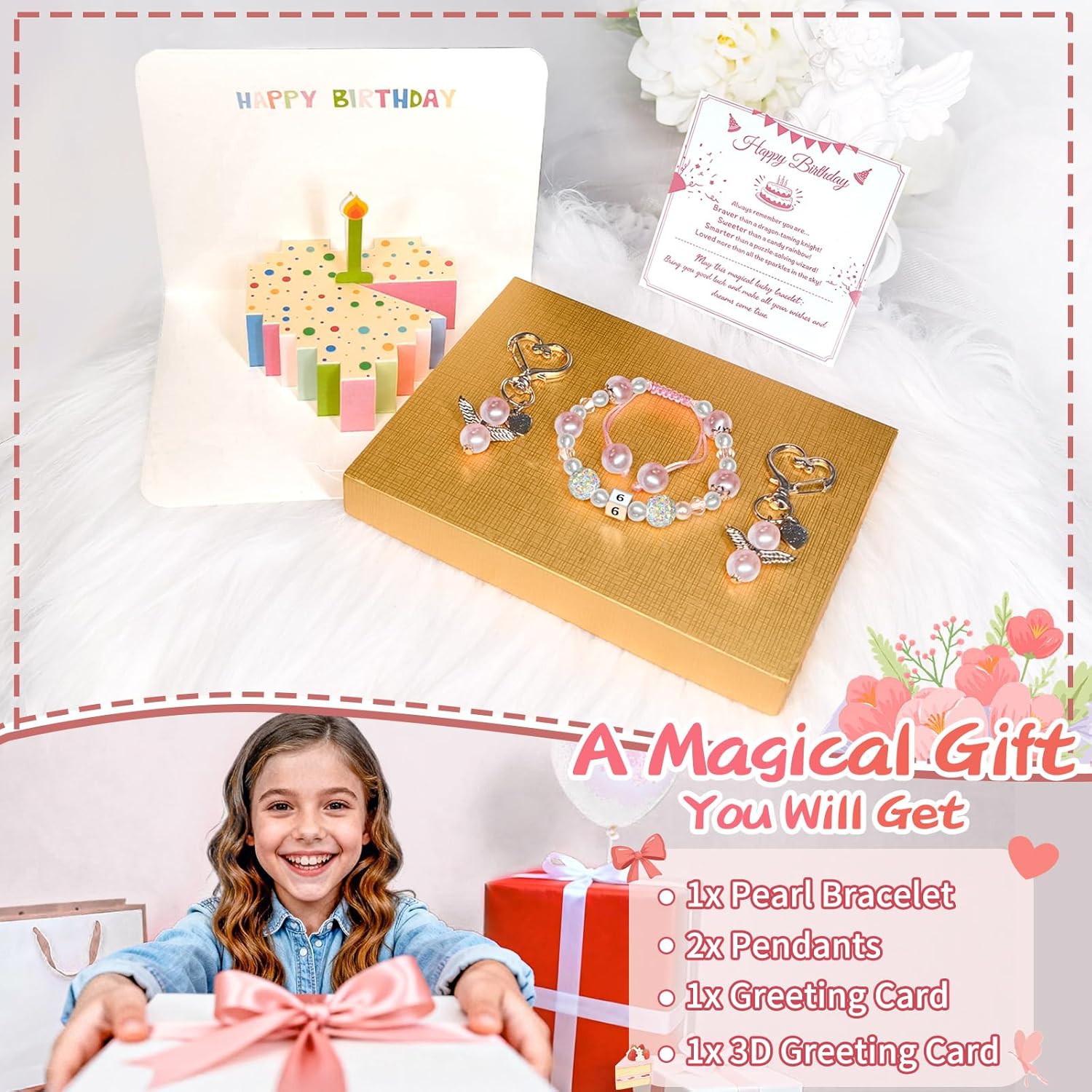 Birthday Gifts Set for Girls with 3D Birthday Card for 3 4 5 6 7 8 Adjustable Girls Bracelet with Mom&Daughter Pendants as Birthday Gifts for Daughter Granddaughter Niece - Image 2
