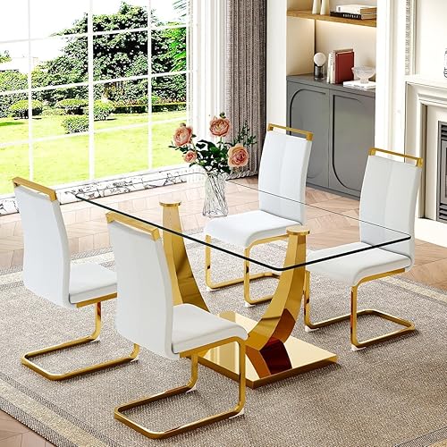 Miniatura 29 de Juego de mesa de comedor para 4, 63 pulgadas, juego de mesa de comedor de vidrio templado negro para 4 personas con sillas de poliuretano, moderno