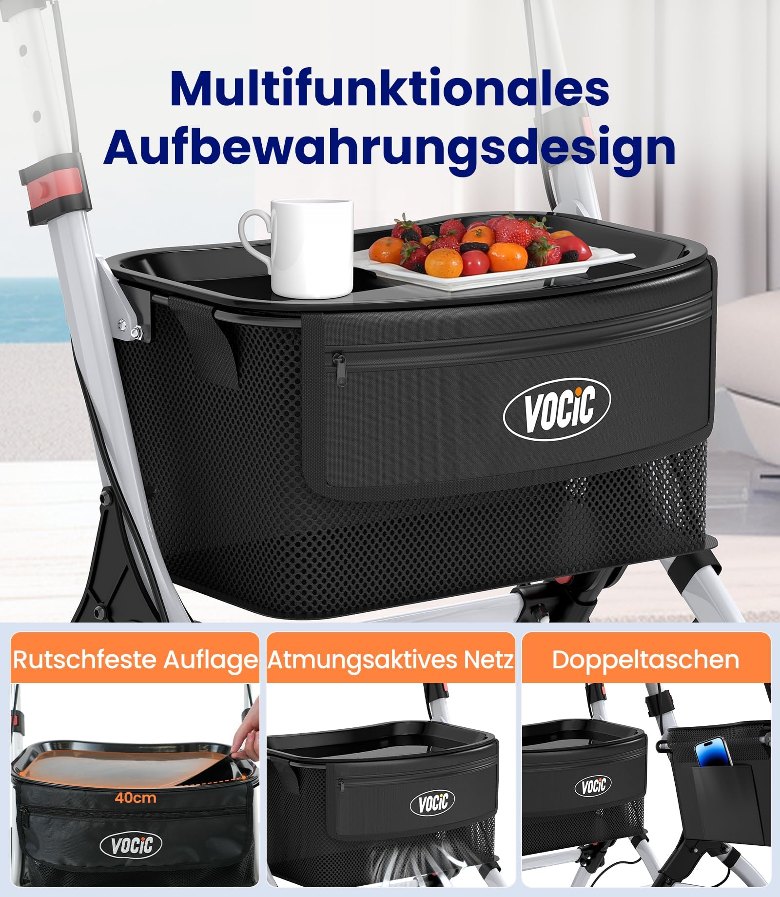 VOCIC Z32 Rollator Schmal für Wohnung,Indoor Rollator Faltbar und Leicht,Stabiler Wohnungsrollator mit Spuer Leiser Anti-Rutsch Reifen,Rollatoren für Senioren Klappbar Tablett,Weiß|5 Jahre Support