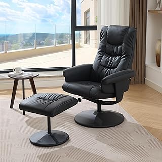 Recliner Chair with Ottoman - 360° Swivel Massage Lounge Chair with 5-Point Vibration and Heated Seat, 140° Adjustable PU Leather Recliner for Living Room, Home Theater, or Office (Black)
