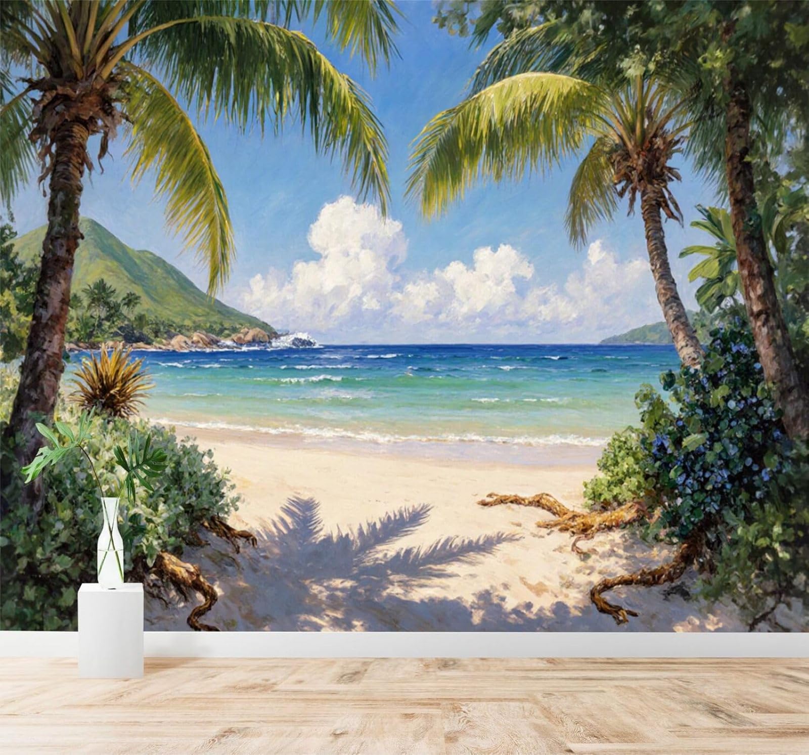 XLMING Tropical Palm Trees Beach Blue Ocean Mountain Scenery 3D Wallpaper Silky Texture Home Study Office Grey Dining Room Sofa Bedroom Living Room TV Backdrop-200cm×140cm