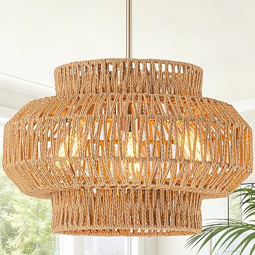 Miniatura 69 de Lámpara de ratán estilo bohemio, lámpara de techo de ratán empotrada, lámpara de techo tejida pequeña de madera, candelabro de ratán