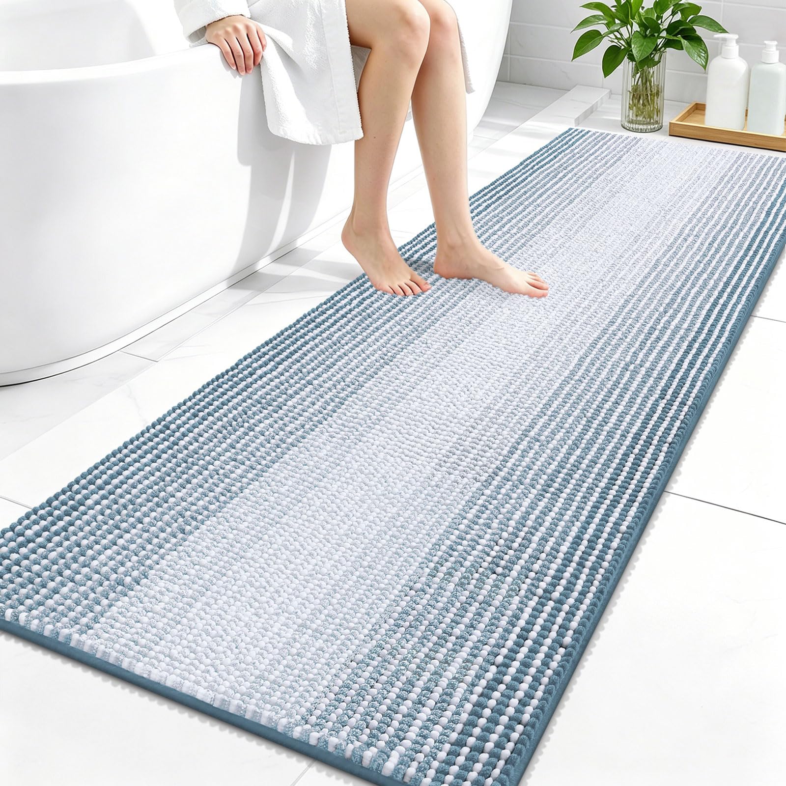 OLANLY Bathroom Runner Rugs 59x24, Chenille Striped Bath Rugs, Airy Blue