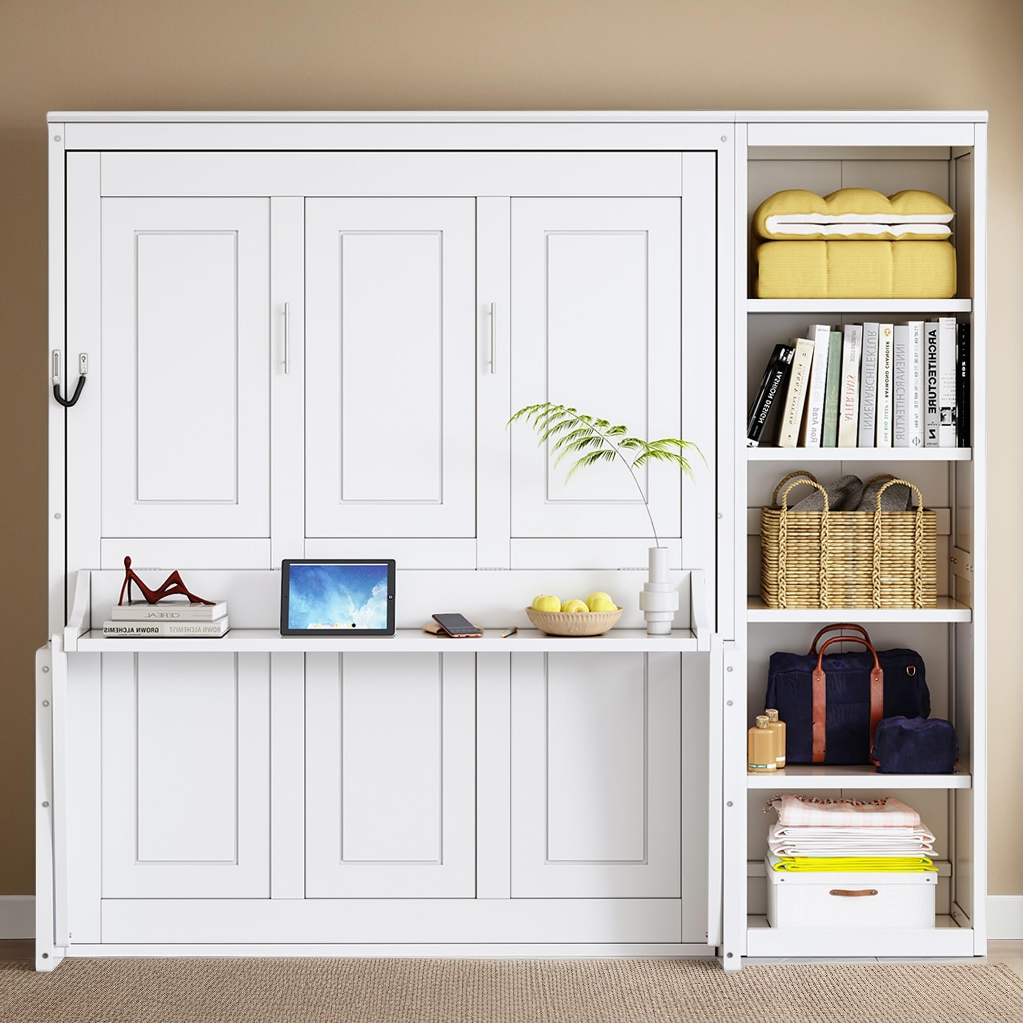 MERITLINE Full Murphy Bed with Desk and Storage Shelves,Wood Hideaway Murphy Wall Bed with Storage Bookcase for Adults (White,Full)
