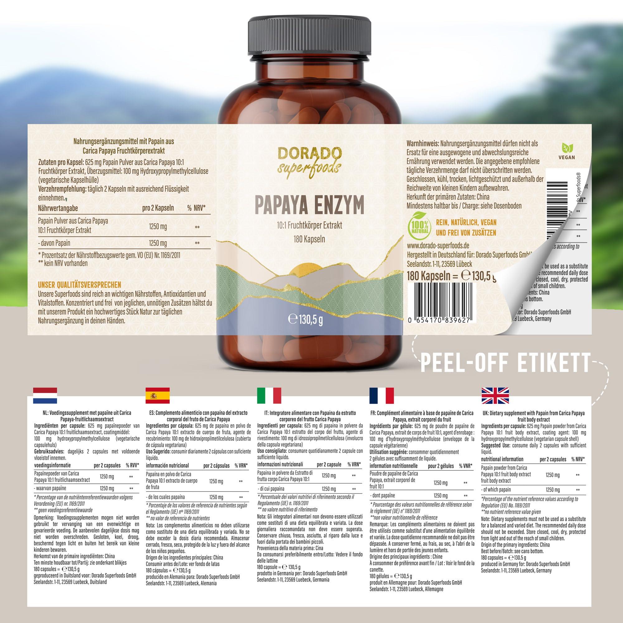 Papain Enzym Kapseln 100.000 u/g aus 10:1 Papaya Extrakt | 180 Stück – 1250 mg pro Tagesdosis (aus 12.500 mg Papaya !) | 3 Monatsvorrat Vegan – Dorado Superfoods®