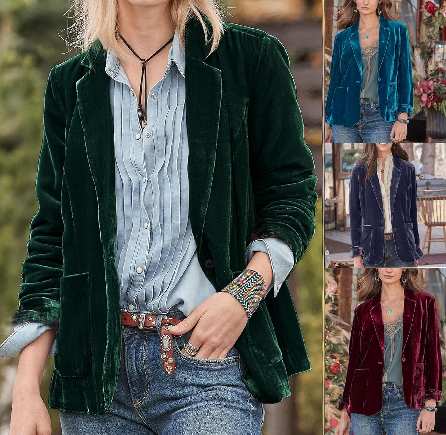 CHARTOU Casual 1 Button Velvet Jacket Women Velvet Cardigan Blazer Office Work Short Coat Suit Jacket with Pocket