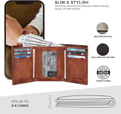 Miniatura 3 de Billetera de cuero triple para hombre con RFID Carteras delgadas para hombres con 1 identificación y 6 ranuras para tarjetas de crédito Bolsillo