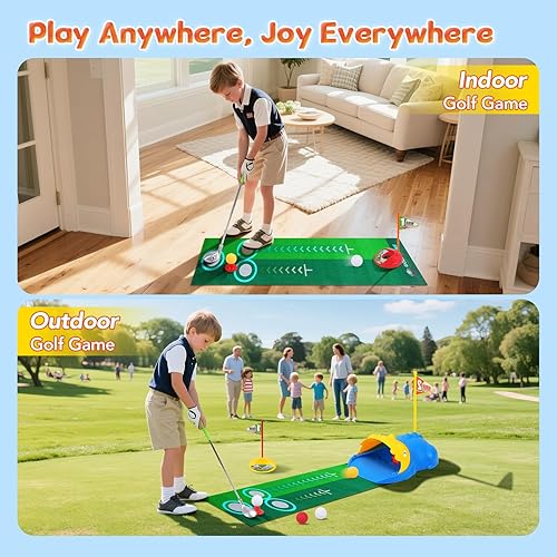 Miniatura 4 de PINKPEACH Juego de golf para niños pequeños, 3-8 con retorno automático de pelota, tapete de golf, pelotas brillantes, pelotas de golf, 3 palos y