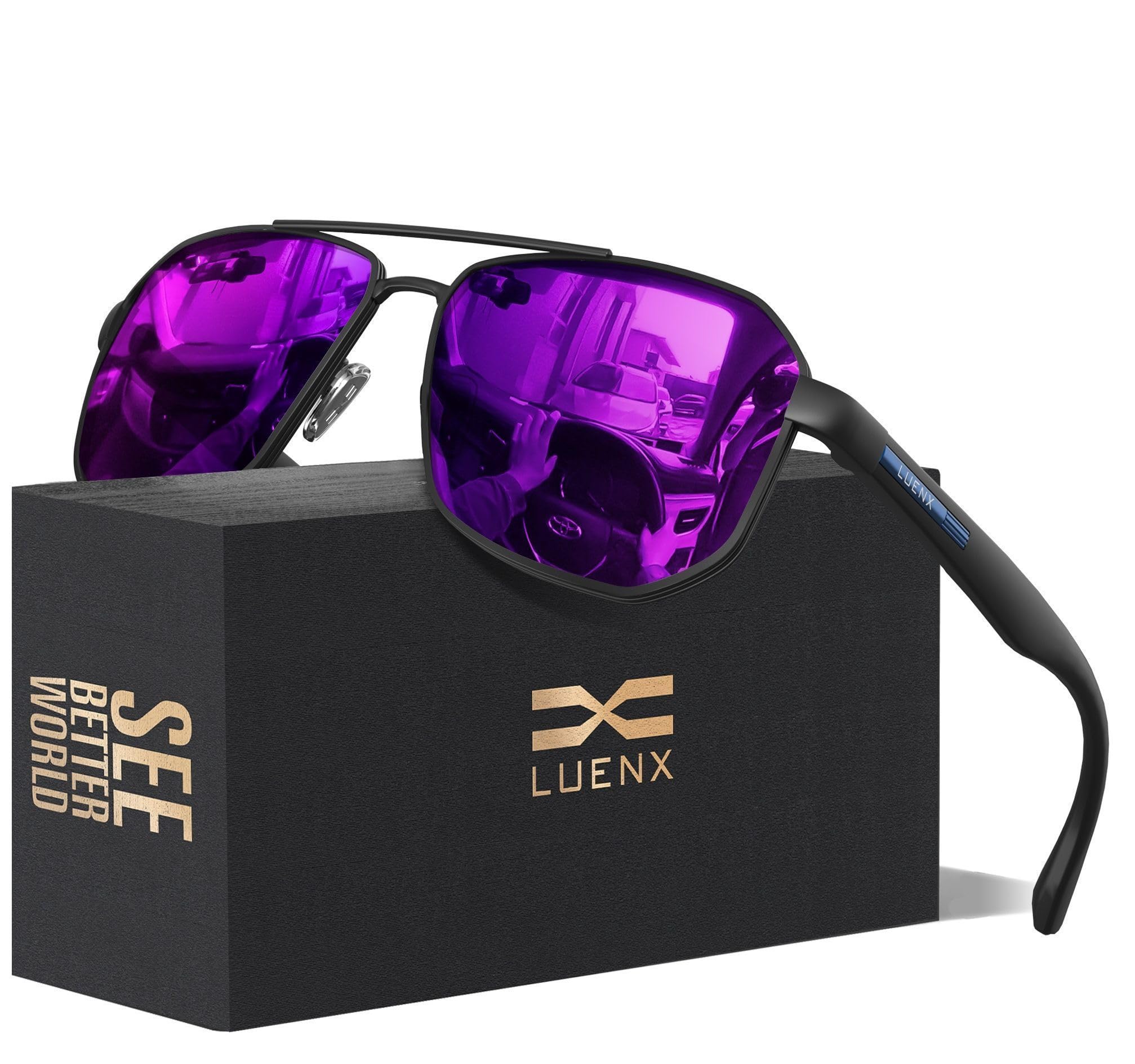 LUENX Aviator Sunglasses for Men Square Polarized Polygon Lens - UV 400 Protection with Accessories 61MM Driving Outdoor