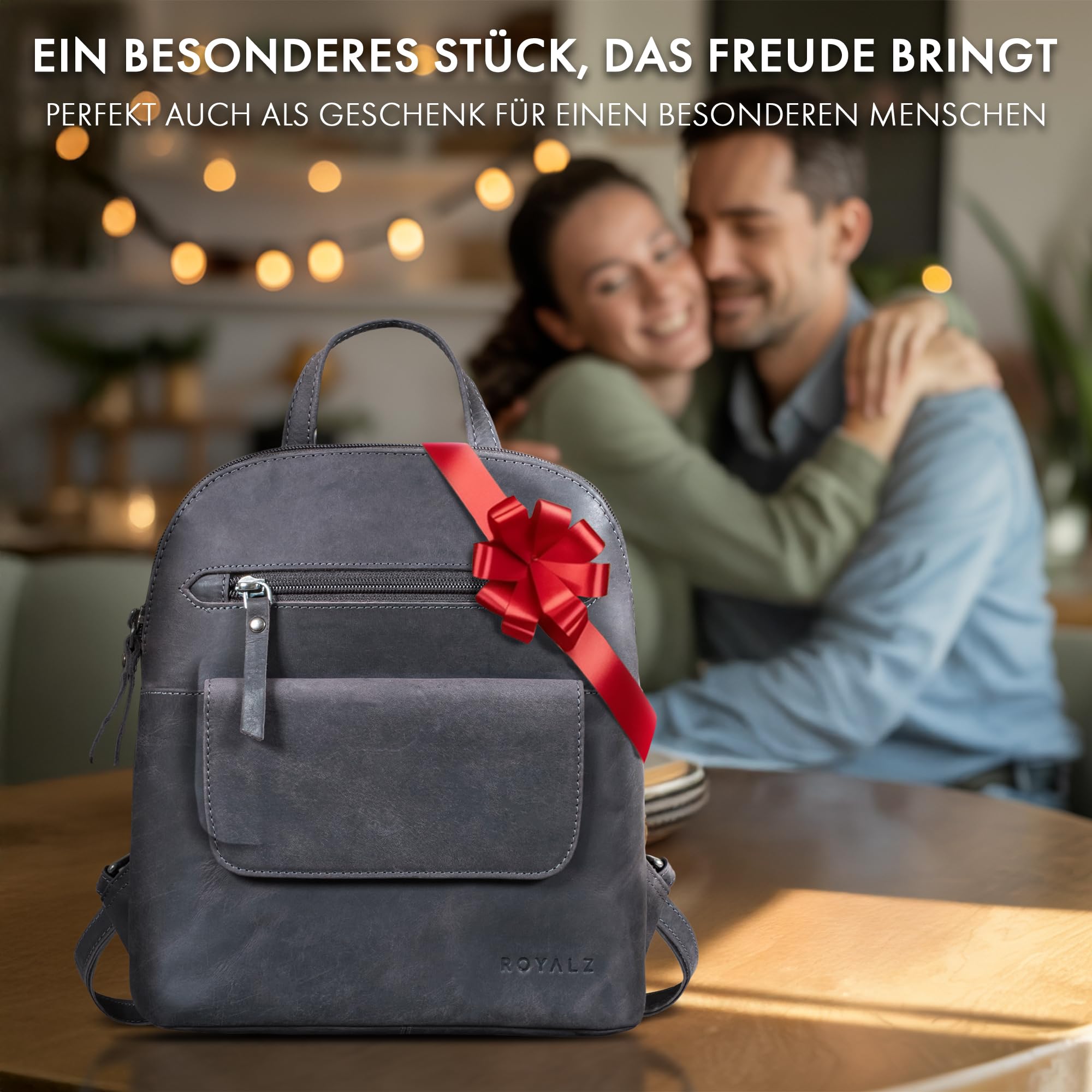 ROYALZ "Providence Echtleder Rucksack Damen klein elegant - Rucksackhandtaschen Leder für Frauen - Moderner Mini Lederrucksack im Vintage Look Cityrucksack;Farbe:Navy Grau