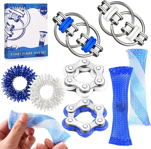 8 Pcs Sensory Fidget Toys Pack Flippy Roller Bike Chain Fidget Spinner Anxiety and Stress Relief Silent Tools Mesh Marble Acupressure Ring for Adults Teens Kids Boys Girls Easter Gifts