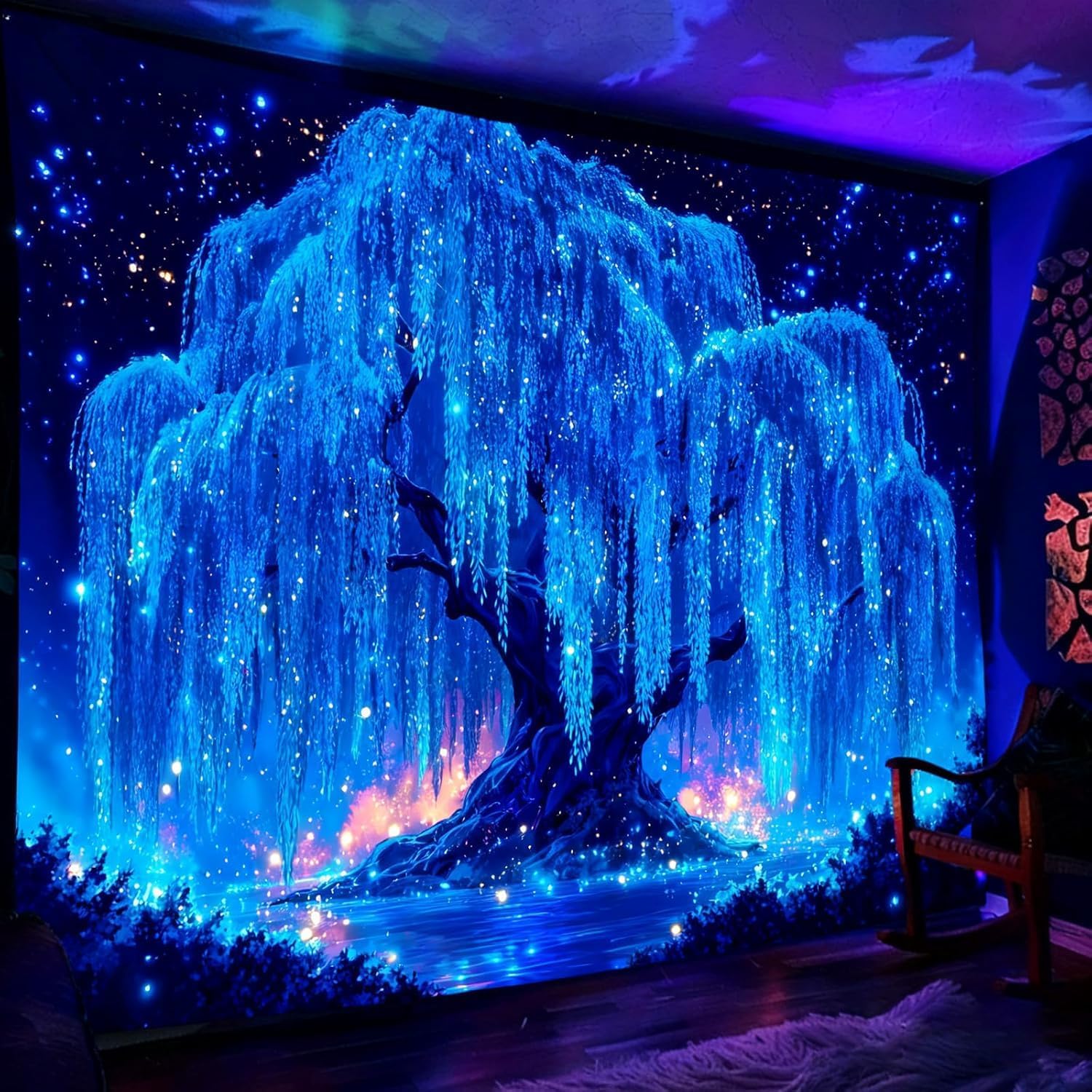 Simpkeely Blacklight Tree of Life Tapestry - UV Reactive Neon Willow & Galaxy Starry Night Wall Hanging, Mystical Aesthetic Wall Art for Bedroom, Living Room & Party Decor - 94.5" x 126"