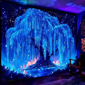 Simpkeely Blacklight Starry Night Tree Tapestry, UV Reactive Neon Willow Tree of Life Wall Hanging, Glow in the Dark Galaxy Mystical Aesthetic Wall Art for Bedroom, Living Room - 150 x 200 cm