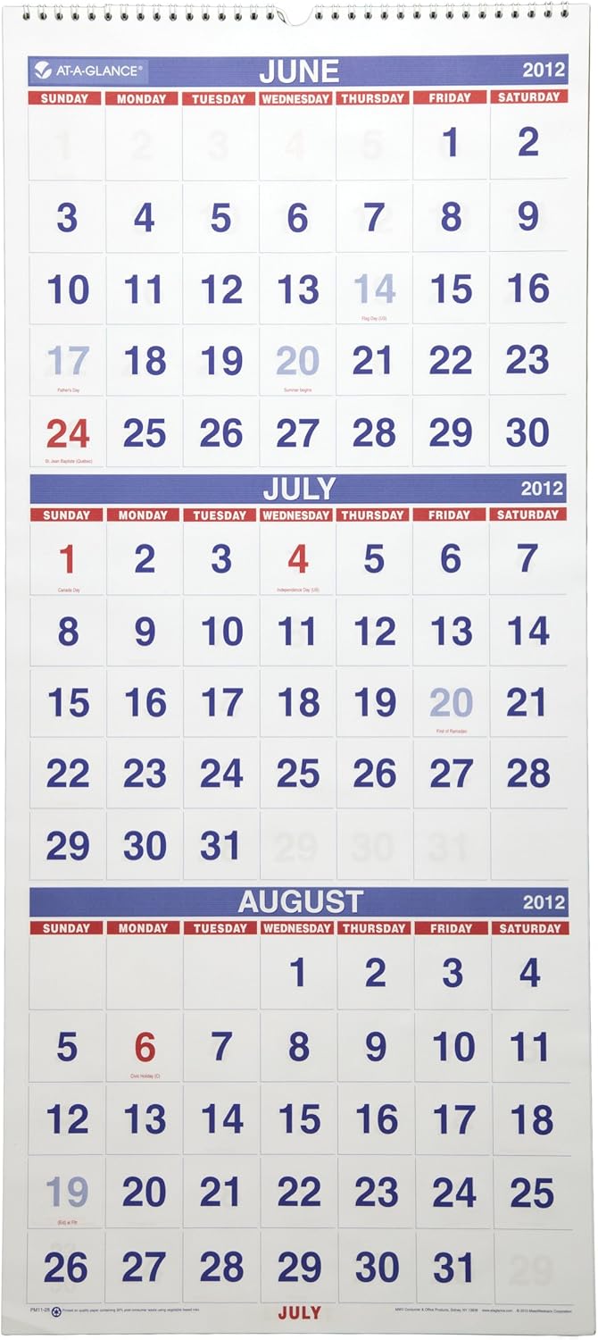 Recycled Three-Month Reference Wall Calendar, 12" x 27", 2013-2015 - PM1128