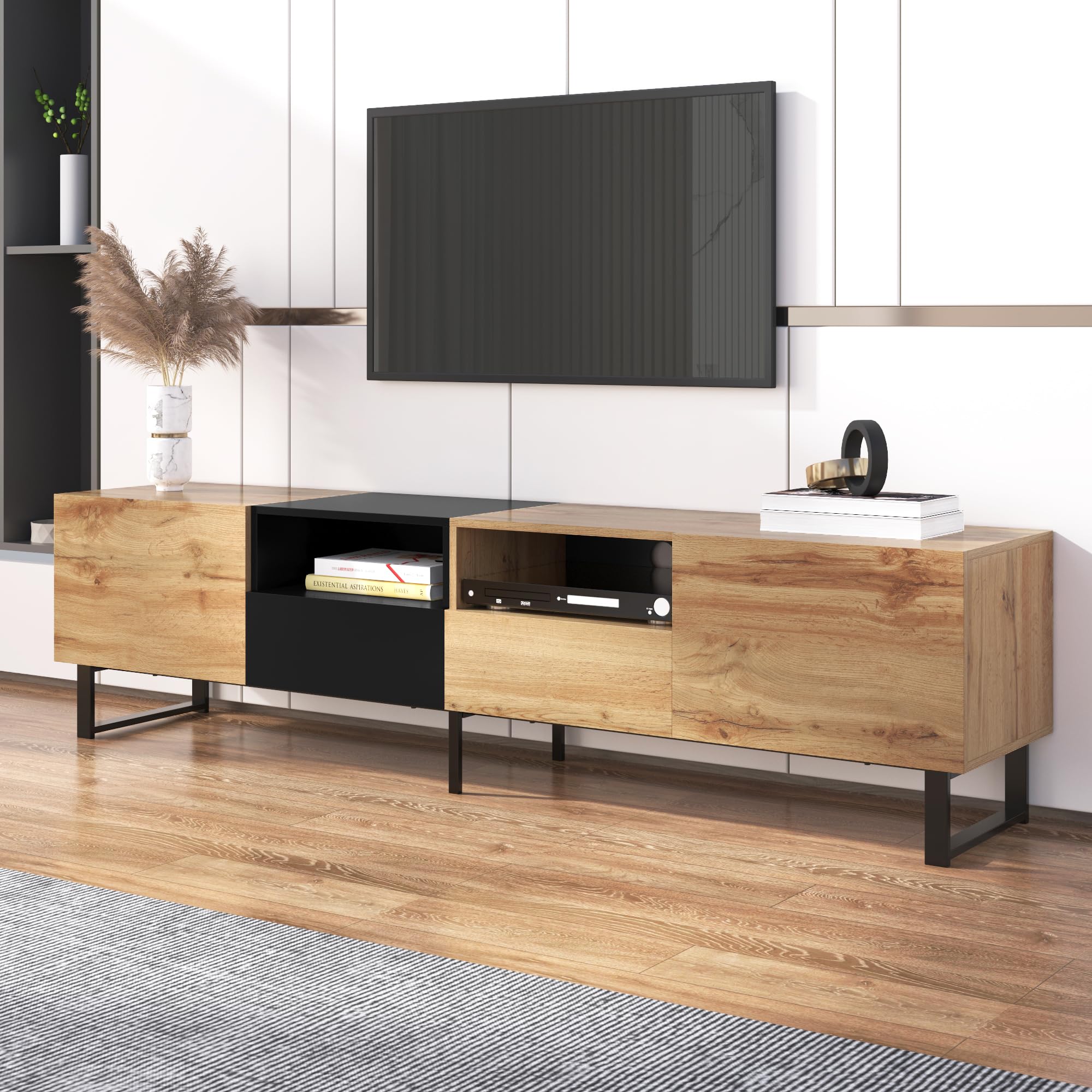 190cm TV Lowboard mit 2 Türen und 2 Schubladen, TV Schrank mit Stauraum, Moderner Fernsehschrank mit 2 Offene Fächer, Fernseher Schrank für Wohnzimmer, Holz und Schwarz