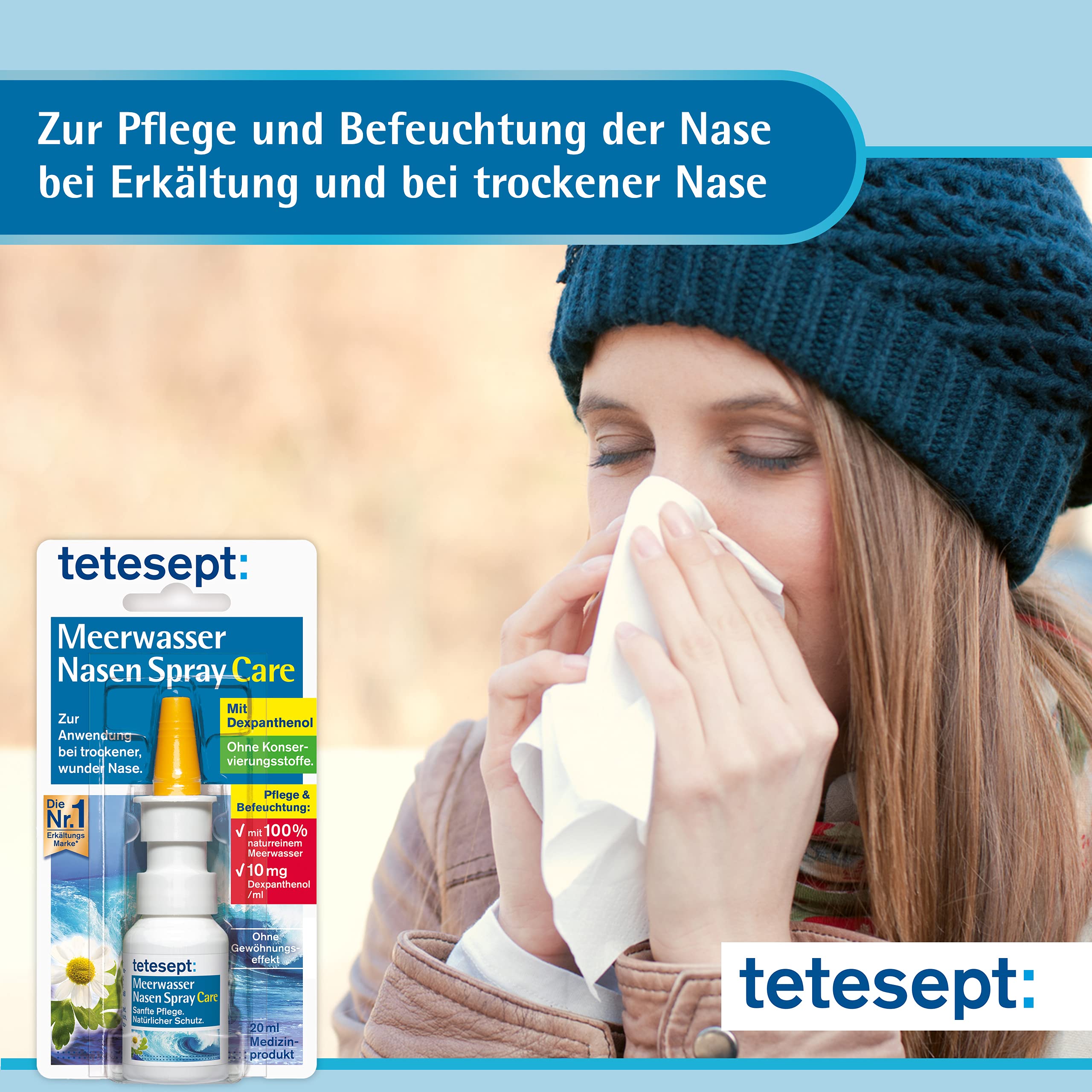 tetesept Meerwasser Nasen Spray Care – Pflegendes & abschwellendes Nasenspray für natürlichen Schutz & Regeneration – Nasenpflegespray bei Erkältung – 5 x 20 ml