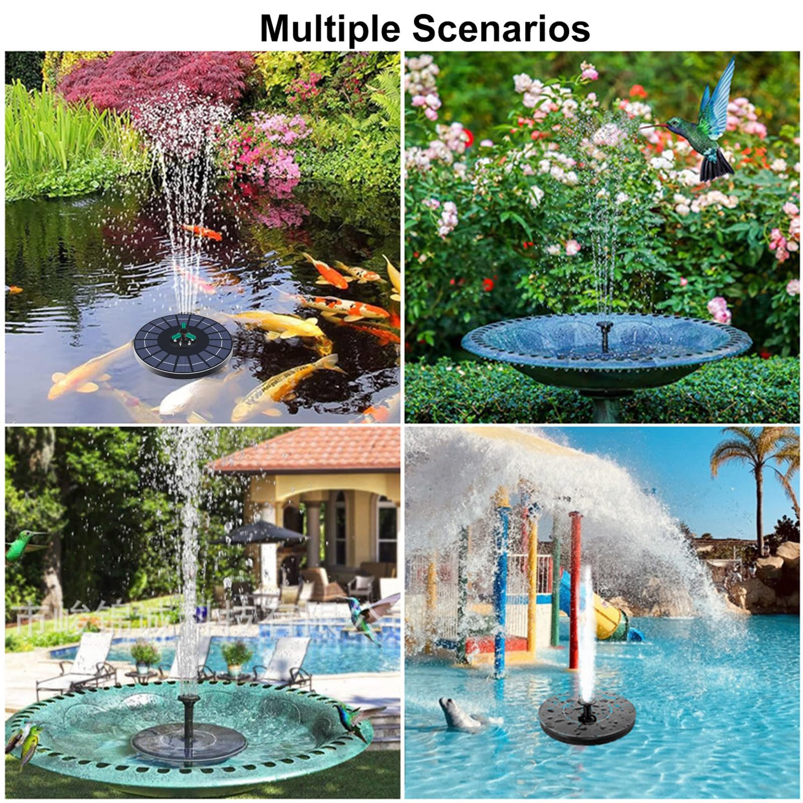 Fuente de Energía Solar, con Batería de 1500 MAh, Panel de Vidrio de 23 Cm, Altura de Rociado de 60 Cm, 7 Boquillas, Luces LED Que Cambian de Color para Jardín, Estanque, (6W Diámetro 23CM)