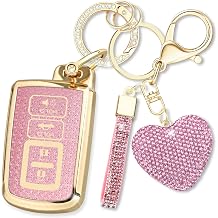 Key Fob Cover with Heart Keychain, Girly Car Key Shell for Women, Compatible with Toyota Avalon Camry Corolla Highlander RAV4 2012-2019 Smart Remote Key Protector 4 Buttons-Pink