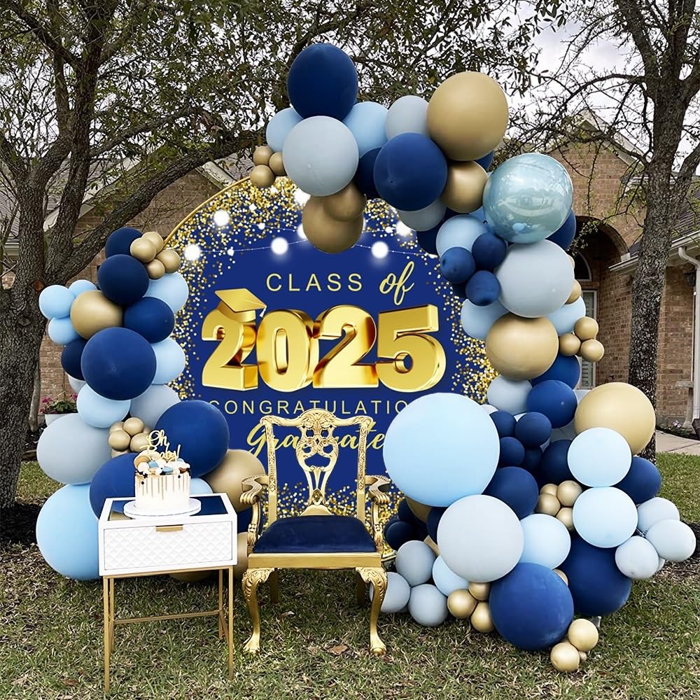 Grad Backdrop Class Of 2025 Graduation Backdrop - Blue & Gold Congrats ...