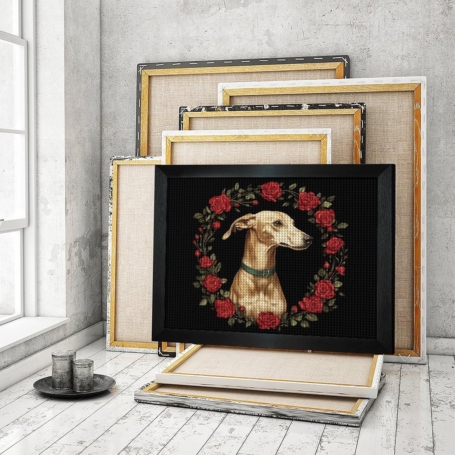 Greyhound Dog Rose Wreath Printed Diamond 5D Painting Kit 16x20in DIY Full Drill Craft with Tools for Home Wall Decor Gift Blackwood 50 * 40cm