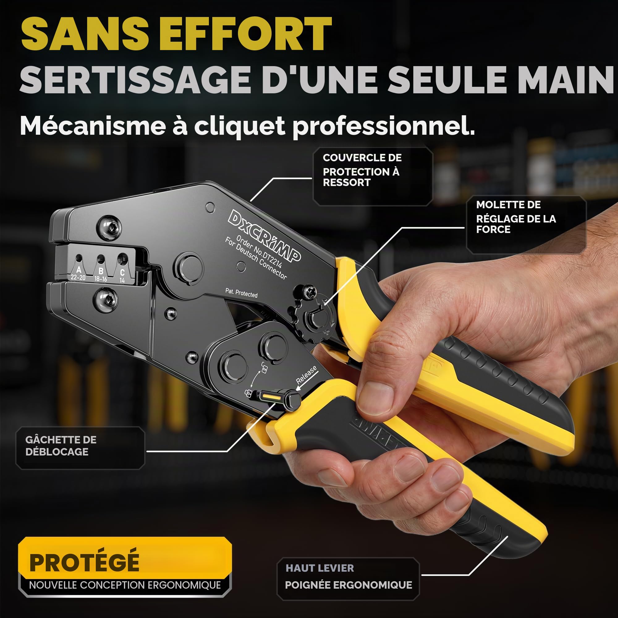 DxCRIMP Kit Pince à Sertir pour Connecteurs Série DT, 2-6 Broches Connecteurs Étanches, Contacts Estampés T16 (22–14AWG/0.34-2.5mm²), Pince à Cliquet et Outils d'Extraction, Compatible avec Deutsch DT