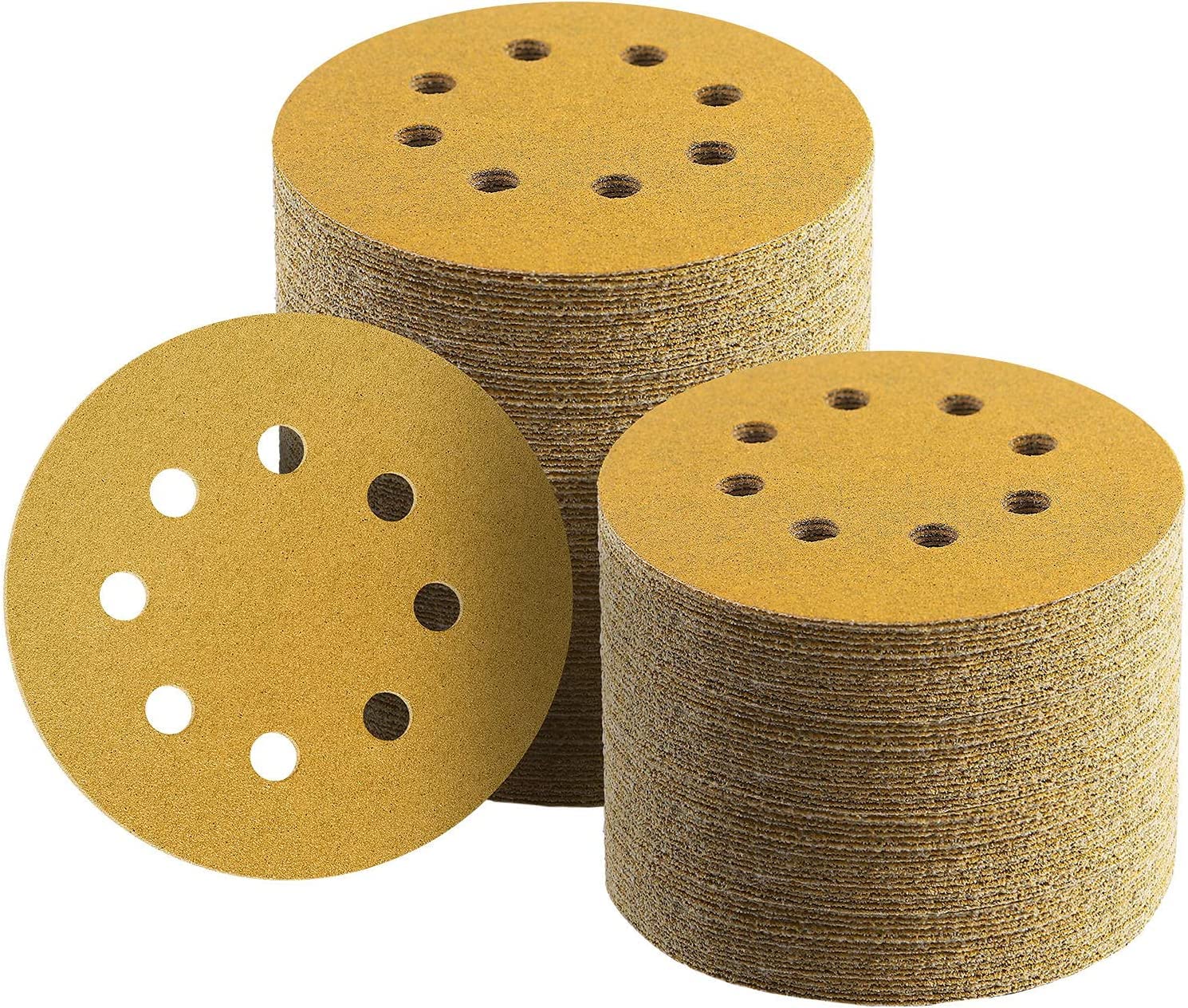 AMERTEER 100 Pcs 5-Inch 8-Hole Sanding Discs Hook and Loop, 120-Grit Sandpaper for Woodworking or Automotive, Gold Premium Dustless Random Orbit Sandpaper