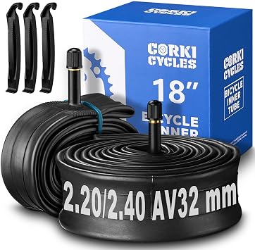 Corki Cycles 18 Inch Bike Tire Inner Tube 18 x 1.75 1.95 2.0 2.1 2.125 2.25 2.3 2.35 2.4 Removable Schrader Valve 32mm, Butyl Rubber Bicycle Tube 2 Pack