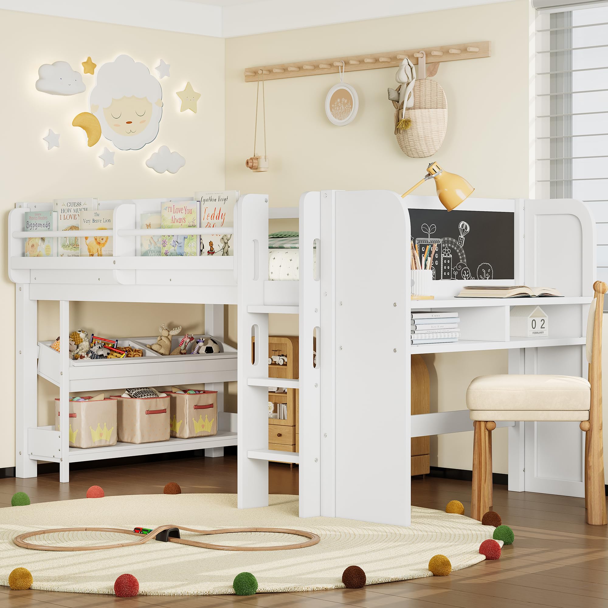 Twin Loft Bed with Multi-Storage Bookcases, Boxes and Drawers, Solid Wood Low Loft Beds with Desk and Blackboard, No Box Spring Needed (White-01)