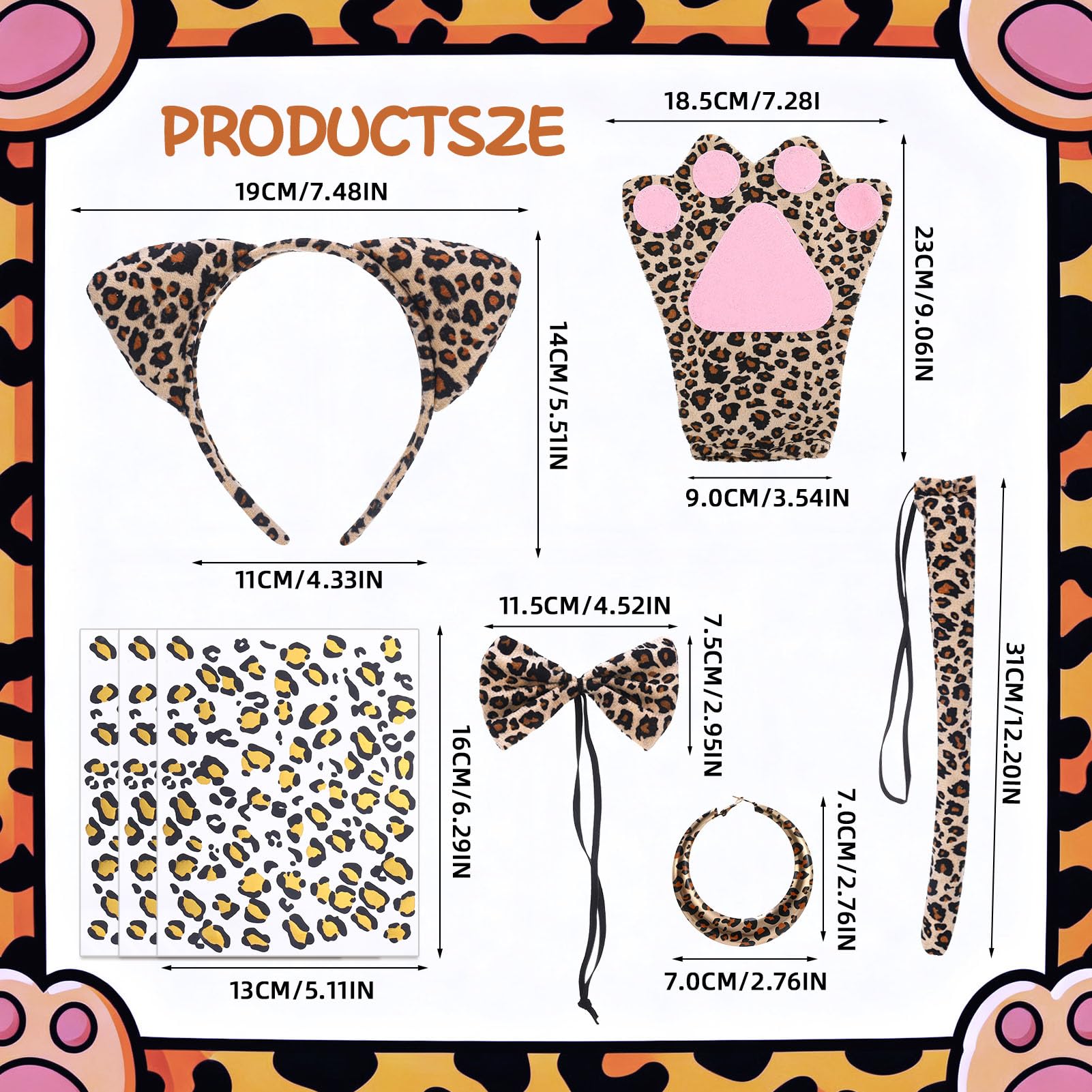 Meng Jiaran 10 Pcs Leopard Print Costume Kit,Leopard Accessory Set Ears Headband Bow Tie Tail Gloves Face Sticker Earings,Animal Fancy Dress Set for Carnival Cosplay Party - Image 2