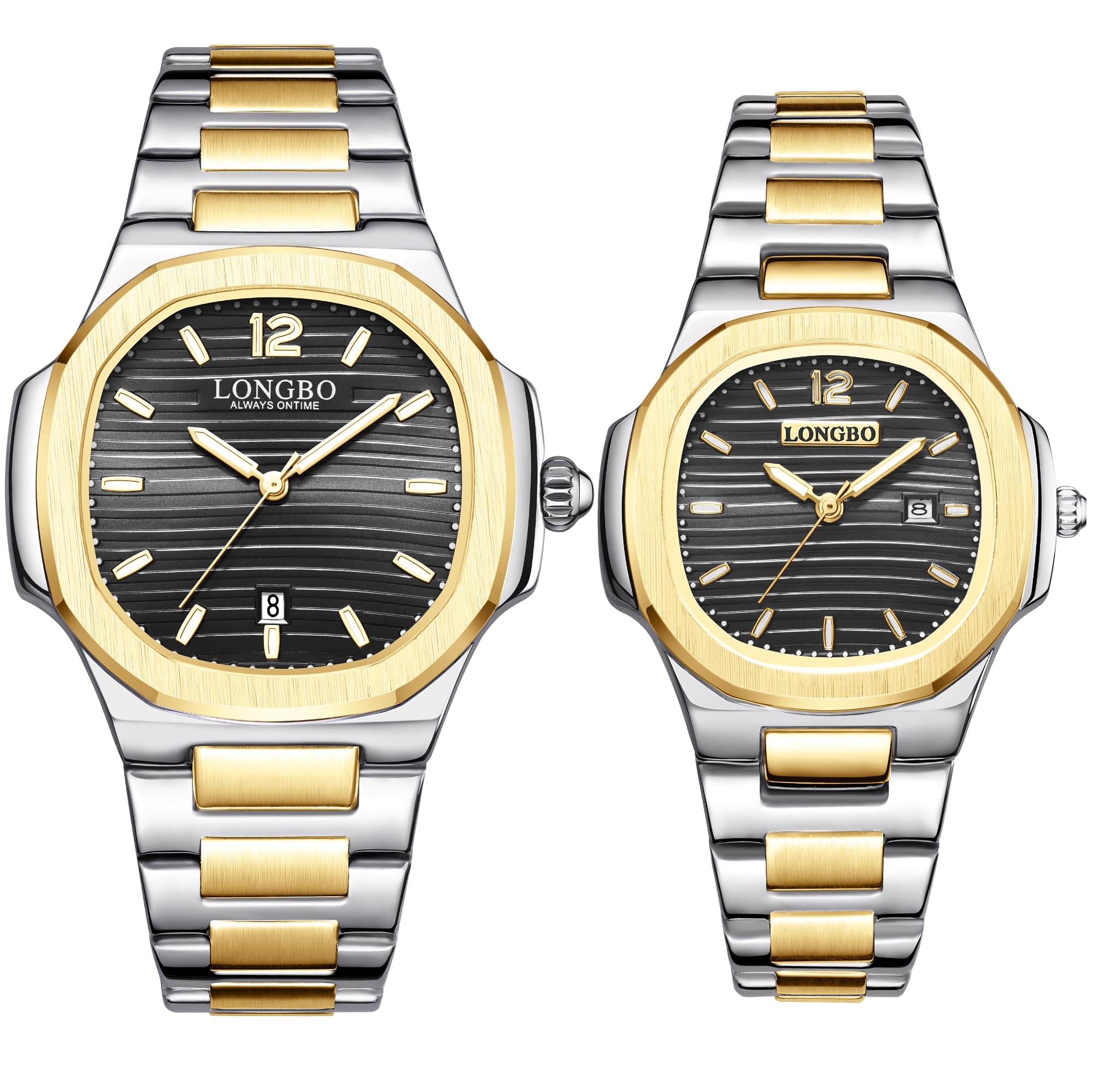 LONGBOAnalogue Couple Watch Set - Elegant Dual Tone Band and Octagonal Case, Stainless Steel Band | Marriage Gift Set for Men and Women