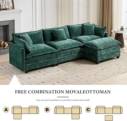 Miniatura 9 de Sofá seccional modular verde de 111.5", sofás seccionales grandes de 3 plazas para sala de estar, sofá nube oversized de tela chenille con otomana,