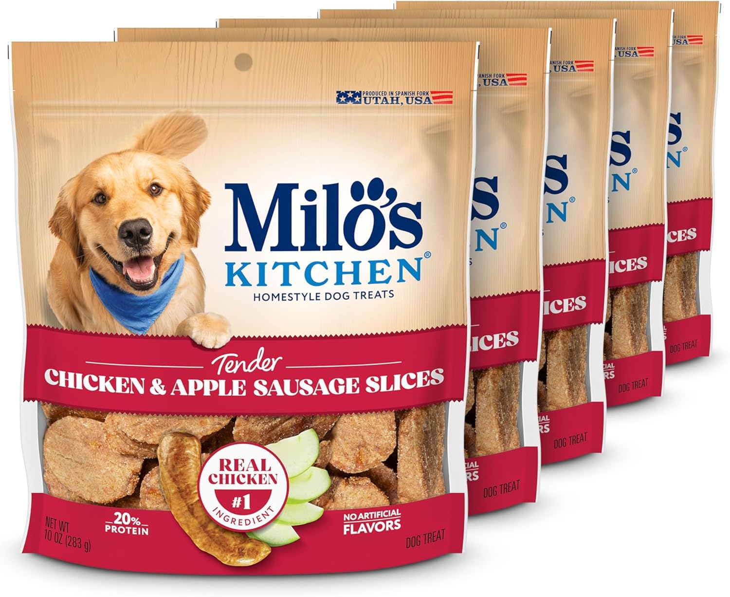 Milo's Kitchen Homestyle Dog Treats, Chicken & Apple Sausage Slices, 10 Ounce (Pack of 5), High Protein, No Artificial Flavors