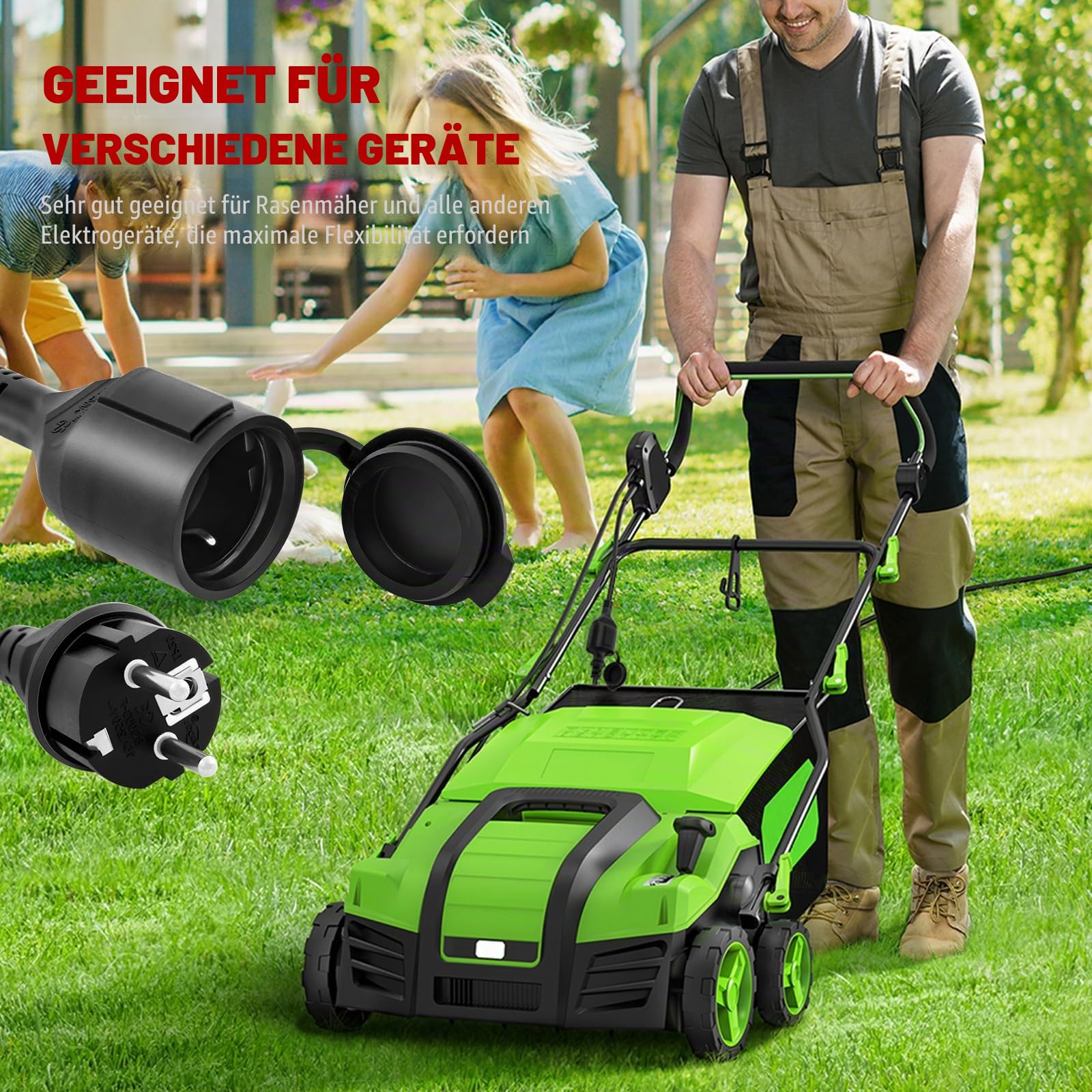Außen-Stromverlängerung 40m, Verlängerungskabel 40m mit Schutzkappe - IP44 außen, Querschnitt 3G1,5 mm², Belastungsgrenze 16A/250V, Schutzkontakt für innen & außen