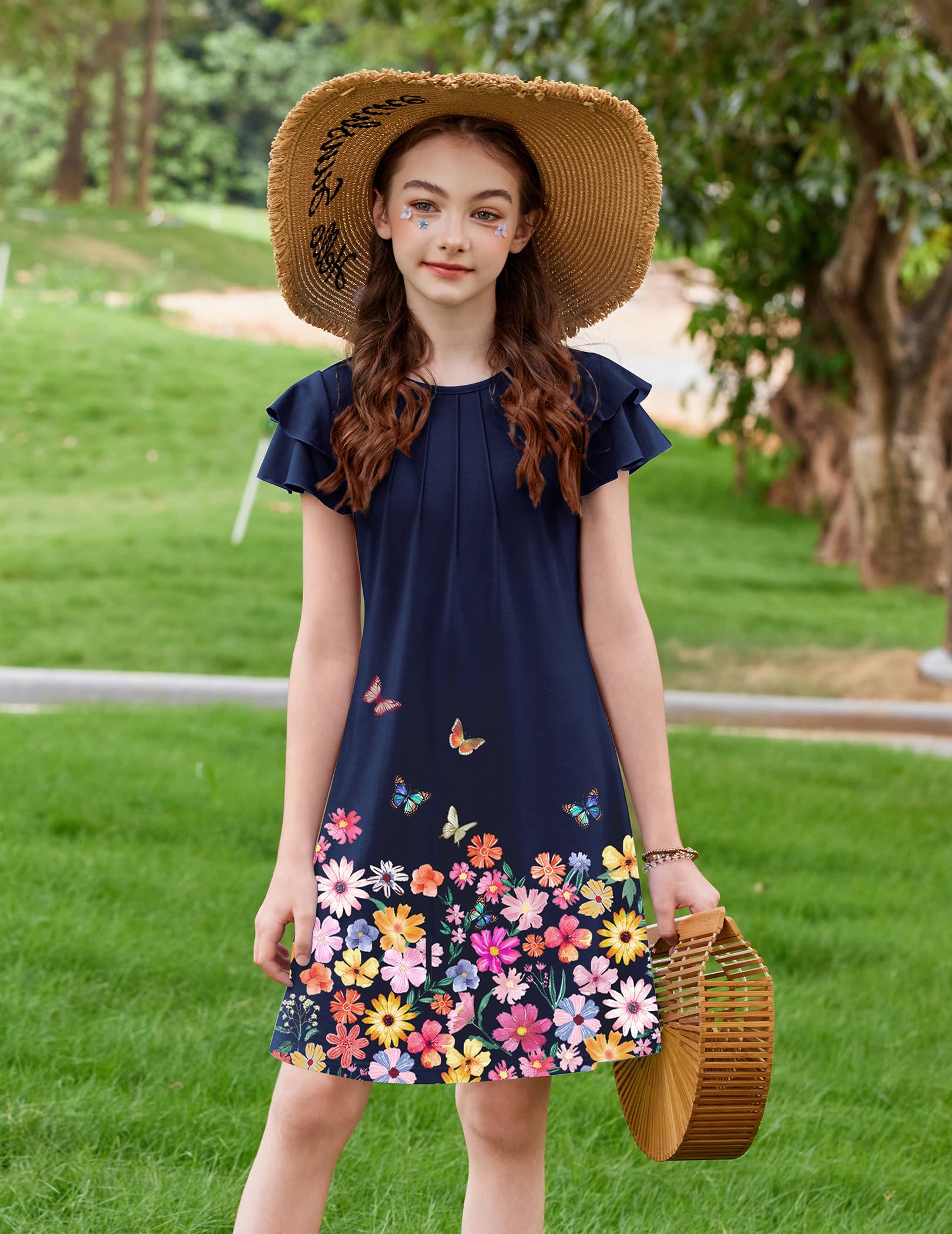 Arshiner Vestido de Verano para niña Plisado Mangas onduladas Manga Corta Tallas 6-14 años