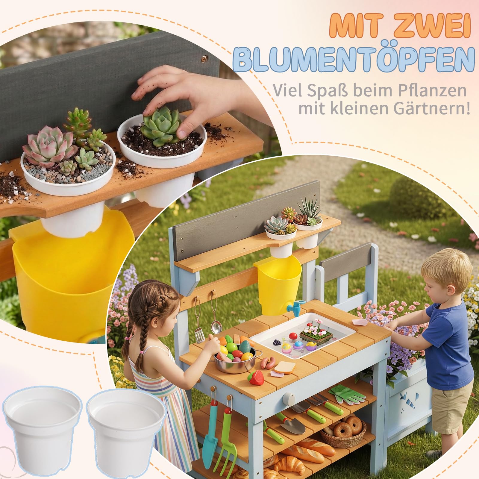 LEADZM Matschküche Kinder Outdoor Kinder mit Pflanzkasten, Spüle, Herd
