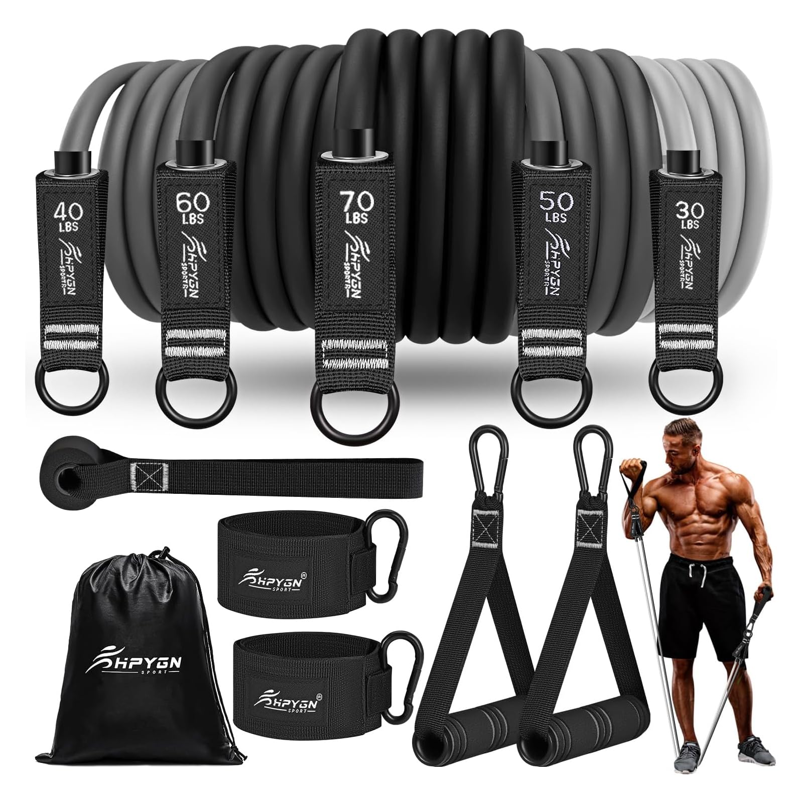 Elastici Fitness, Bande Elastiche Fitness con Maniglie e 5 Livelli di Bande di Resistenza da Lattice Naturale per Allenamento Palestra Pilates Yoga Riabilitazione, Kit Allenamento Casa per