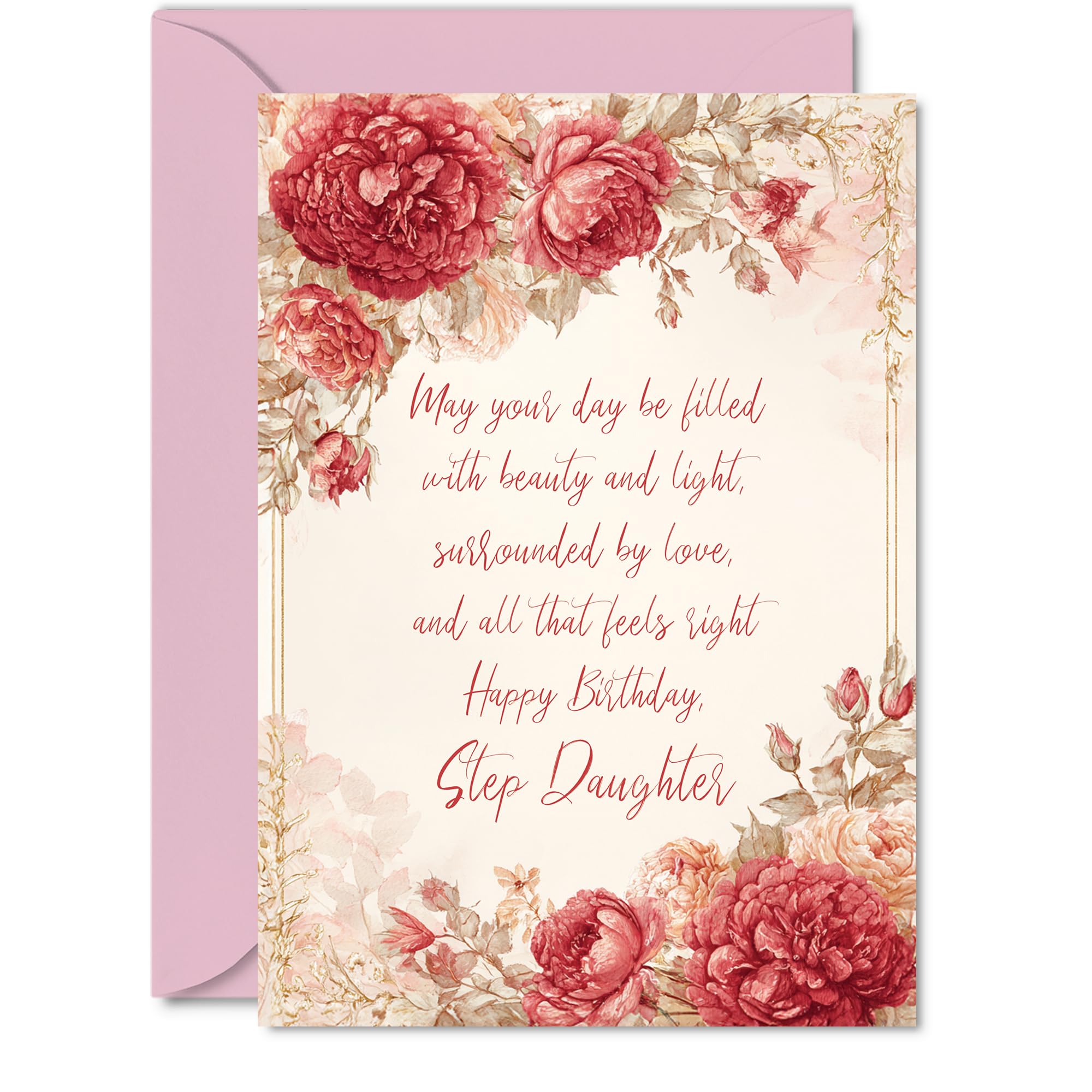 Step Daughter Birthday Card - Vintage Peonies - Happy Birthday Card for Step Daughter from Dad Mum, 5x7 Inch Classic and Timeless Bday Greeting Cards