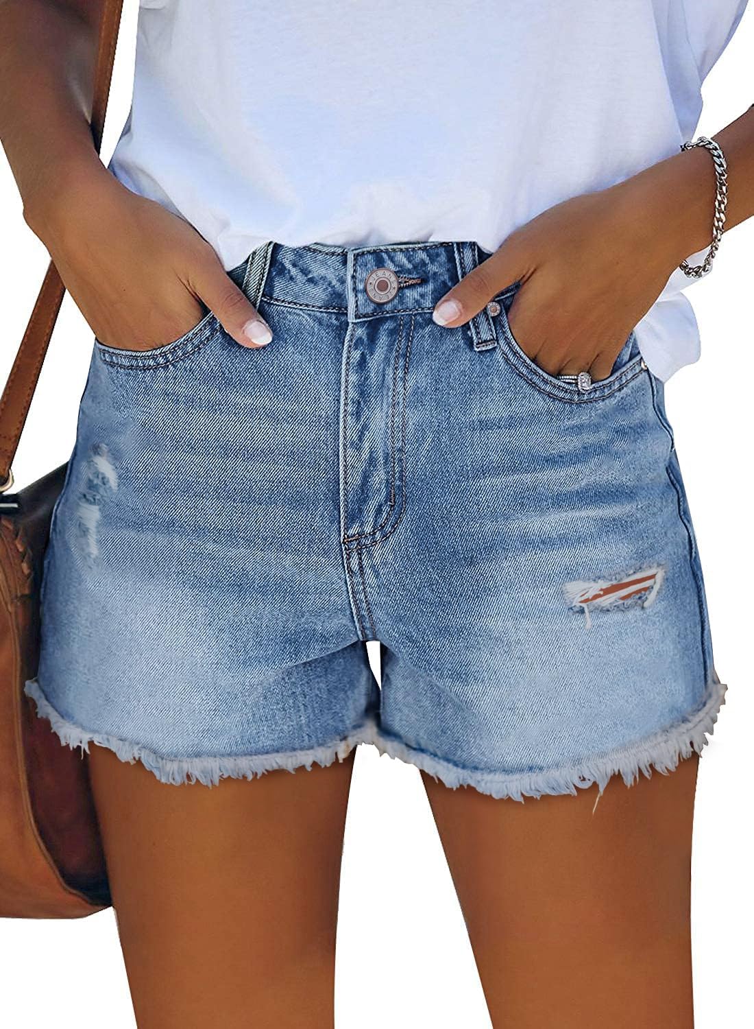 ZOLUCKY Women’s Casual Summer Denim Shorts Mid Waisted Stretchy Ripped Jean Shorts with Pockets