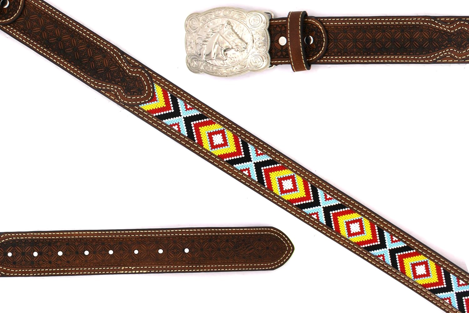 Embroidery Fabric Belt Aztec Print Men Women Cowboy Genuine Leather