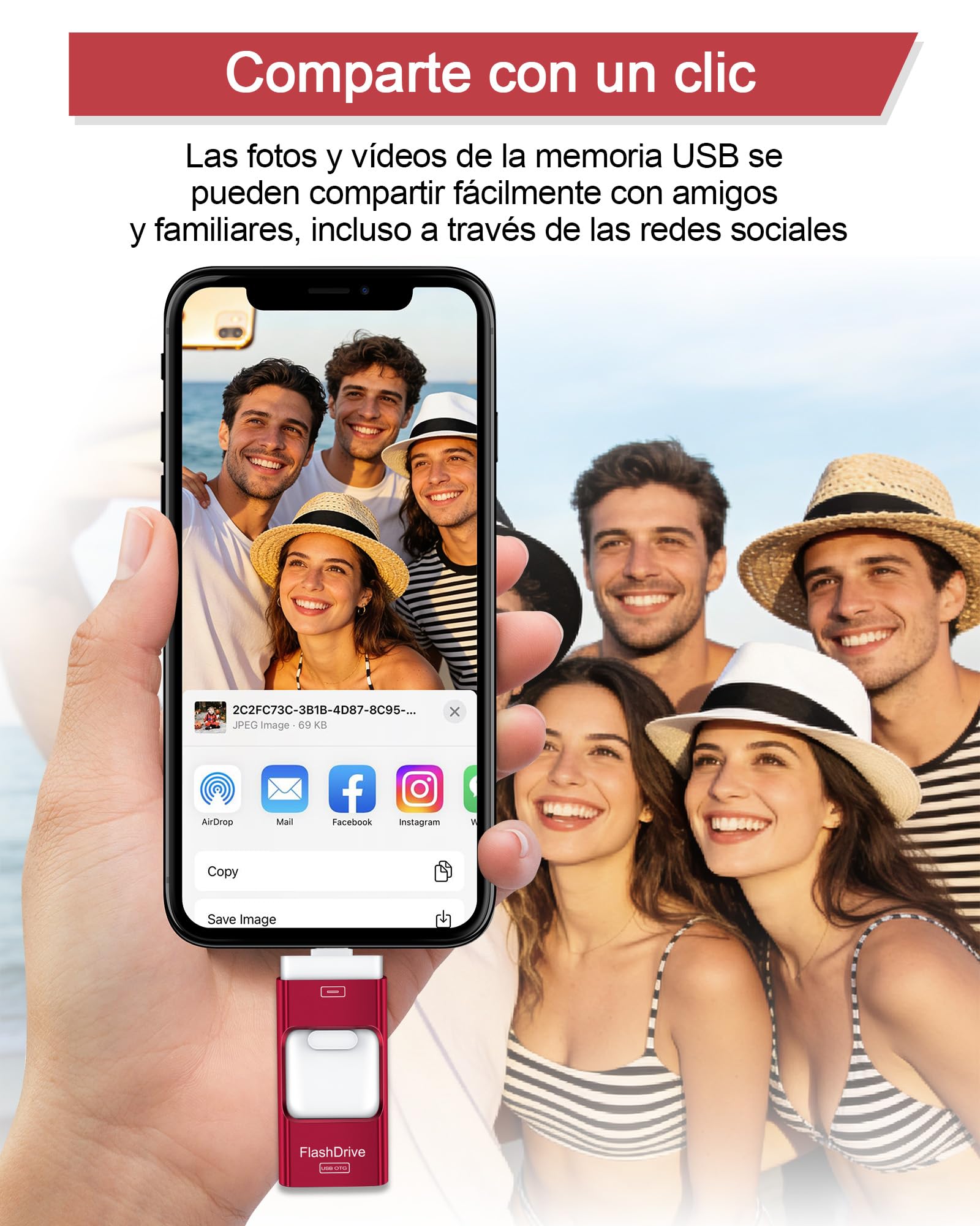 ZARMST Memoria USB 512GB para i-Phone y Android，4 en 1 USB 3.0,Rojo | Pendrive con L-ightning/USB-C/Micro USB/USB-A, Memoria Externa para móvil, tableta y PC para guardar fotos, vídeos y archivos
